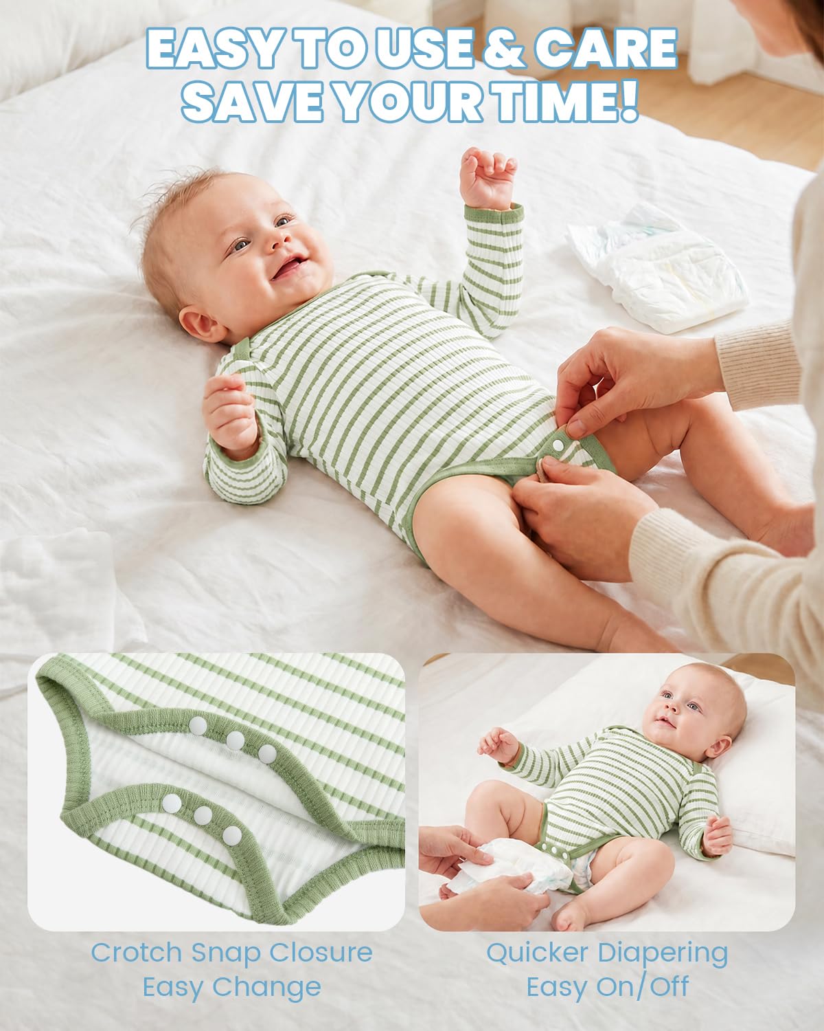 JiAmy Newborn Baby Boys Clothes 3Pcs Infant Long Sleeve Cotton Stripes Romper + Pants + Hat Clothing Set Baby Bodysuits Outfit for 0 Months Light Green