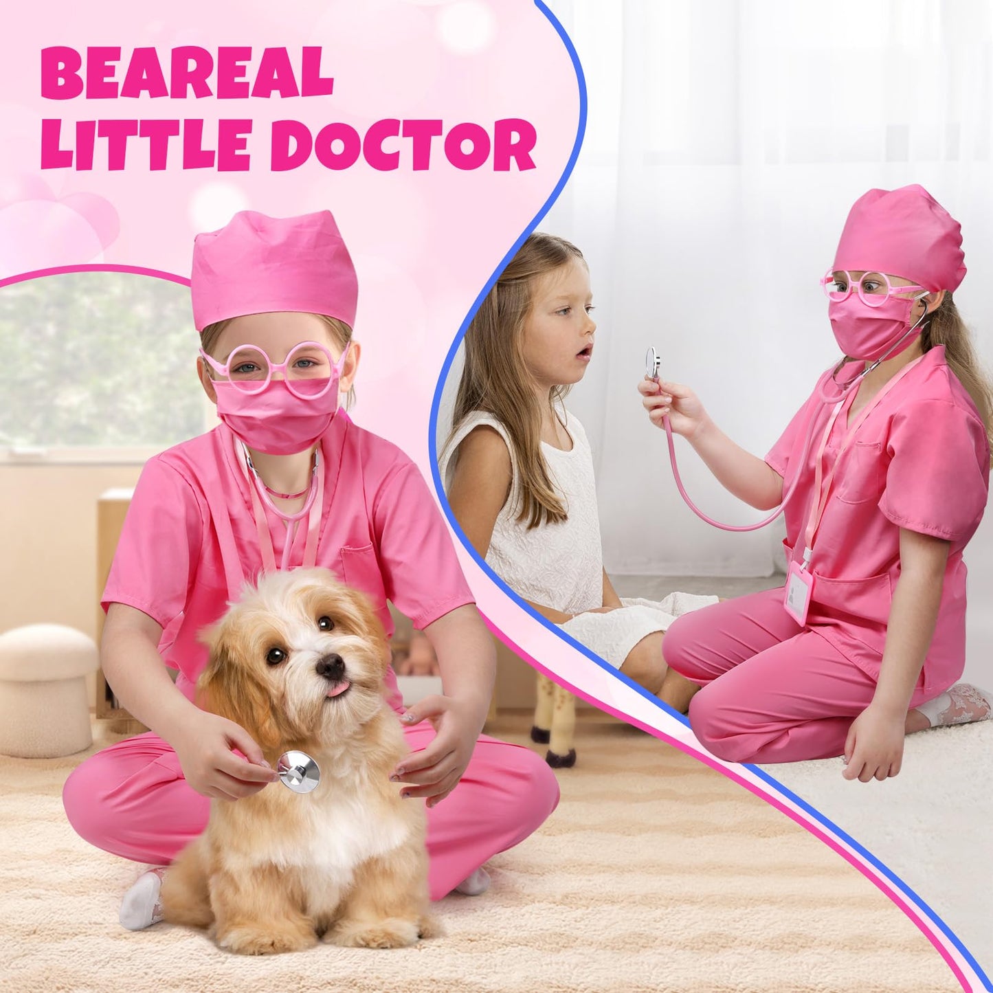 JoyPlus 8 Pcs Kids Doctor Costume Set,Nurse Suit Kit Uniform with Stethoscope, Doctor Costume for Kids,Doctors Outfit Set with Accessories,Nurse Dress Up Halloween Cosplay for Girls 3-10 Years Old (S)