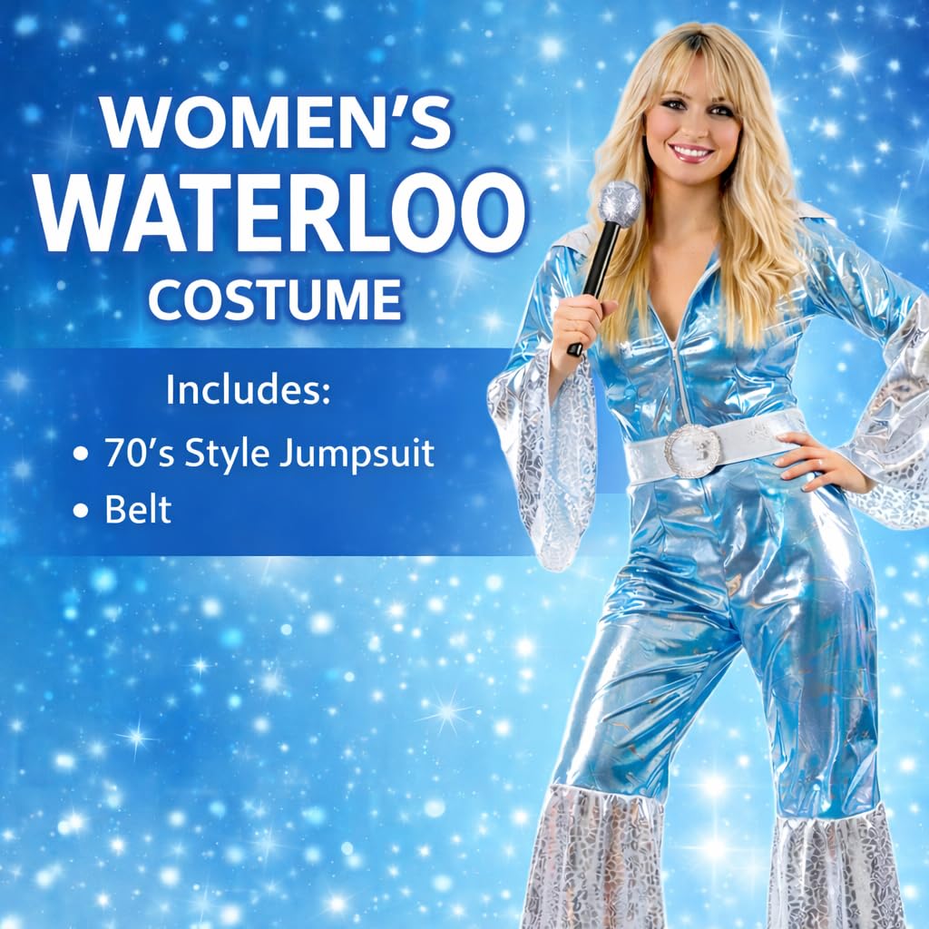 Adult Women's 70s Disco Jumpsuit - Blue Retro Fancy Dress Outfit (image 4)