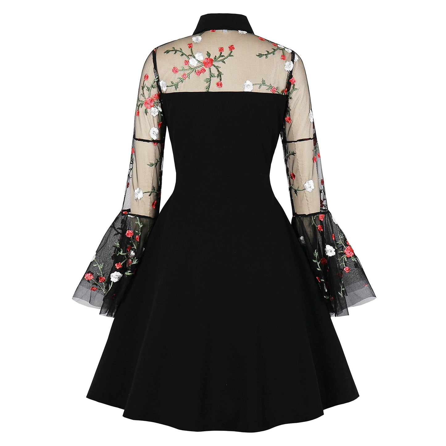 Wellwits Women's Embroidery Mesh Bell Sleeve Gothic Dress Floral in Black 4XL