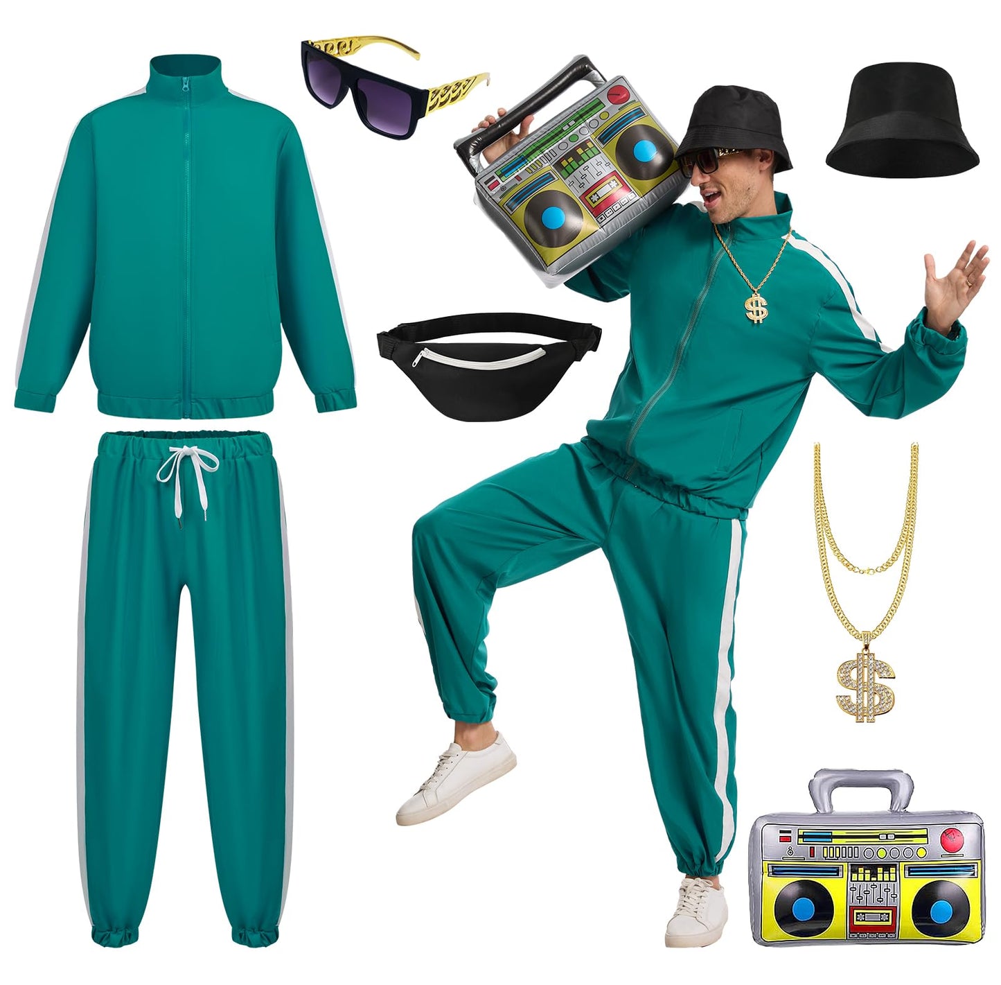 JDFAIJEAL Hiphop Costume Set for Men – Black Tracksuit with Hat, Glasses, Gold Round Necklace, Fanny Pack & Boombox Balloon – Hip Hop Outfit for Party, Halloween, Cosplay (Green, XXXL)