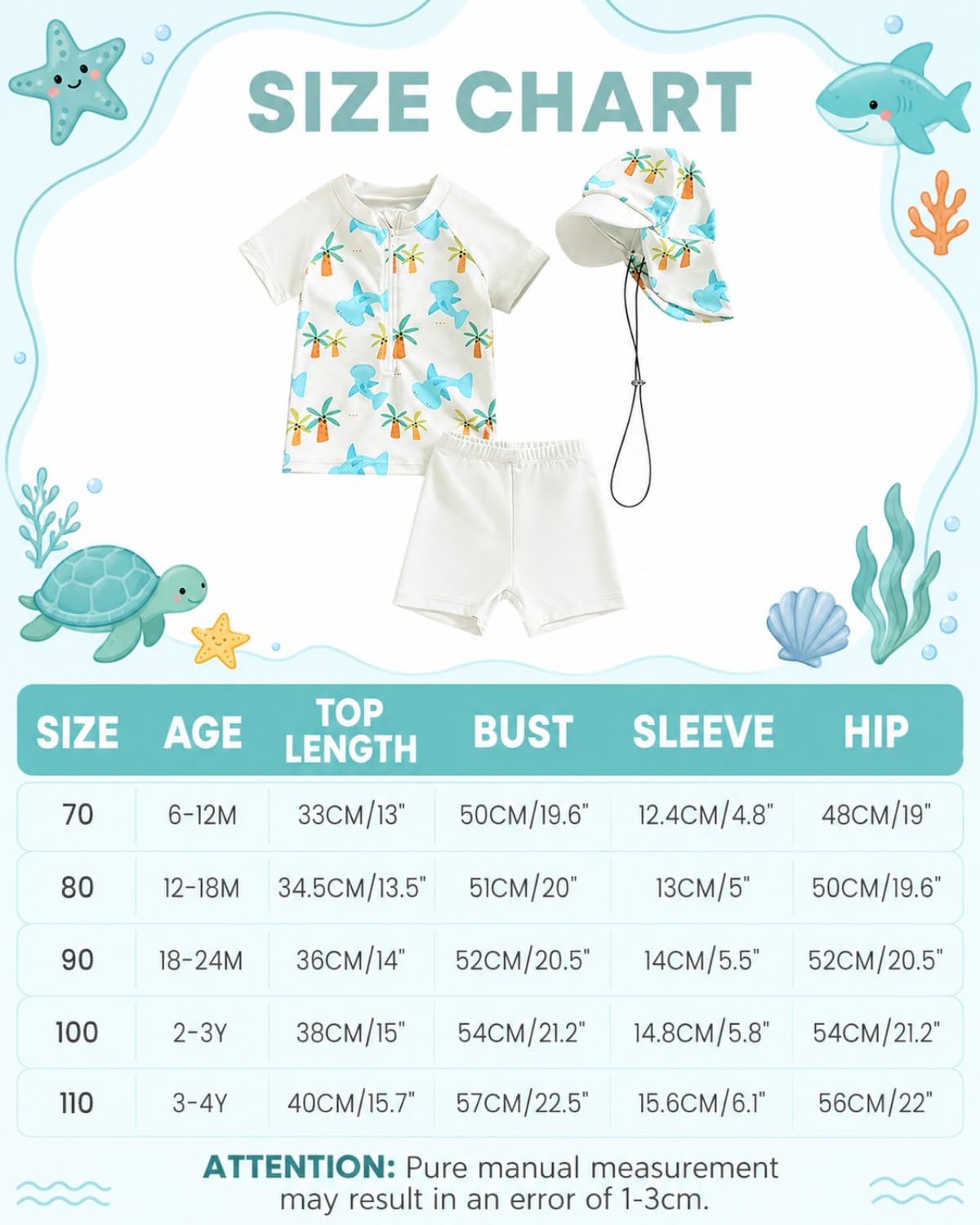 JiAmy Baby Boys Swimming Costume with Sun Hat 3PCS Short Sleeve Zip Up Rash Guard Shirt Swim Truck Infant Toddler Baby Swimsuit White 18-24 Months