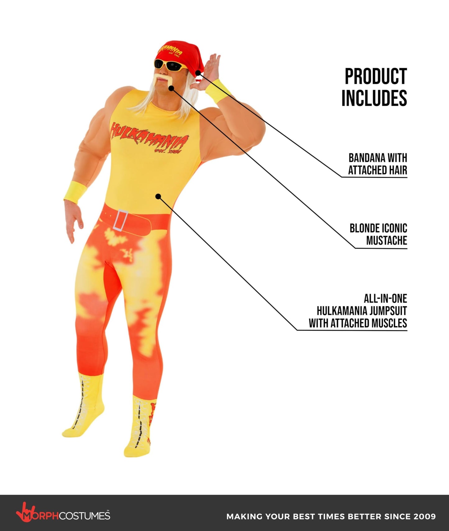 Morph Hulk Hogan Costume Adult, Hulk Hogan Fancy Dress, WWE Wrestling Costume, 80s Costumes for Adults, Large