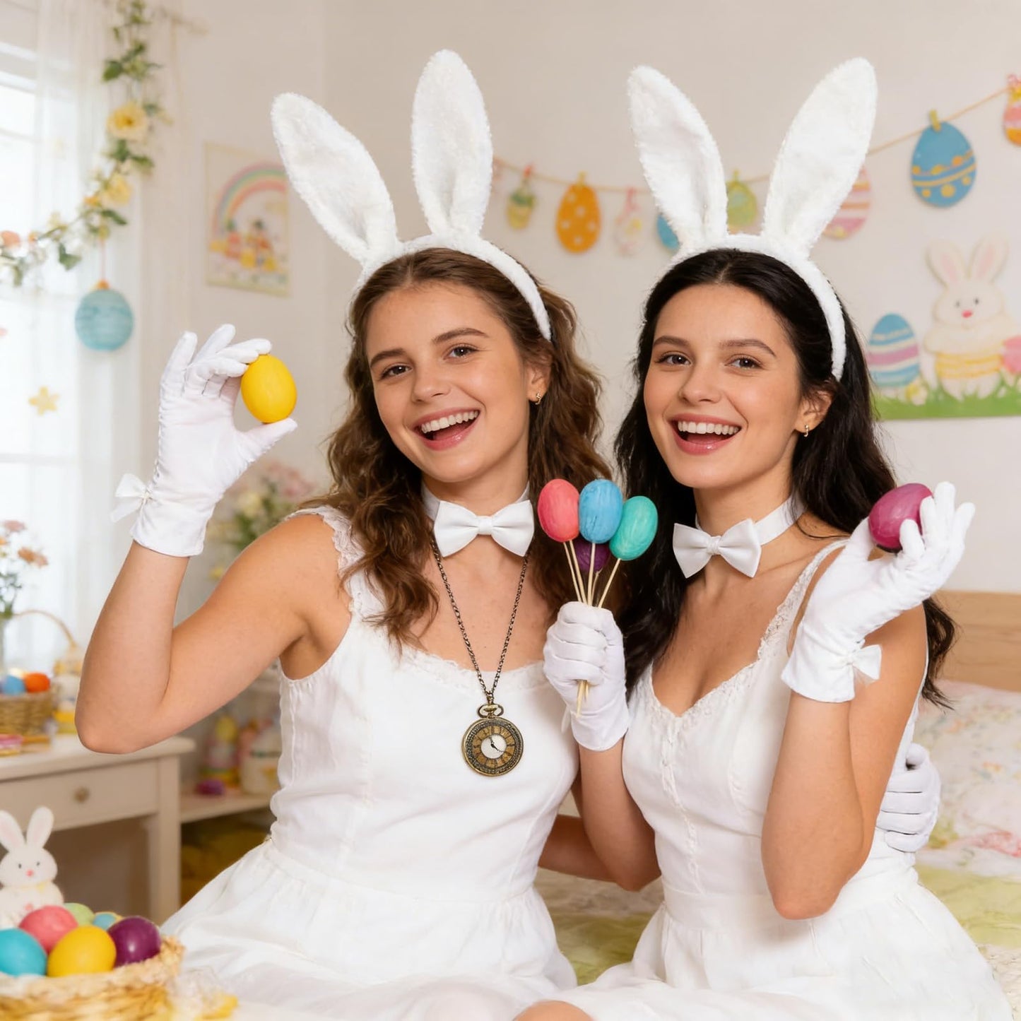 5Pcs White Rabbit Alice in Wonderland Costume Set, White Rabbit Costume, Rabbit Ears Costume for Easter, World Book Day, Halloween Party, Cosplay (White Gloves,Clock,Bow Tie,Bunny Ears and Tail)