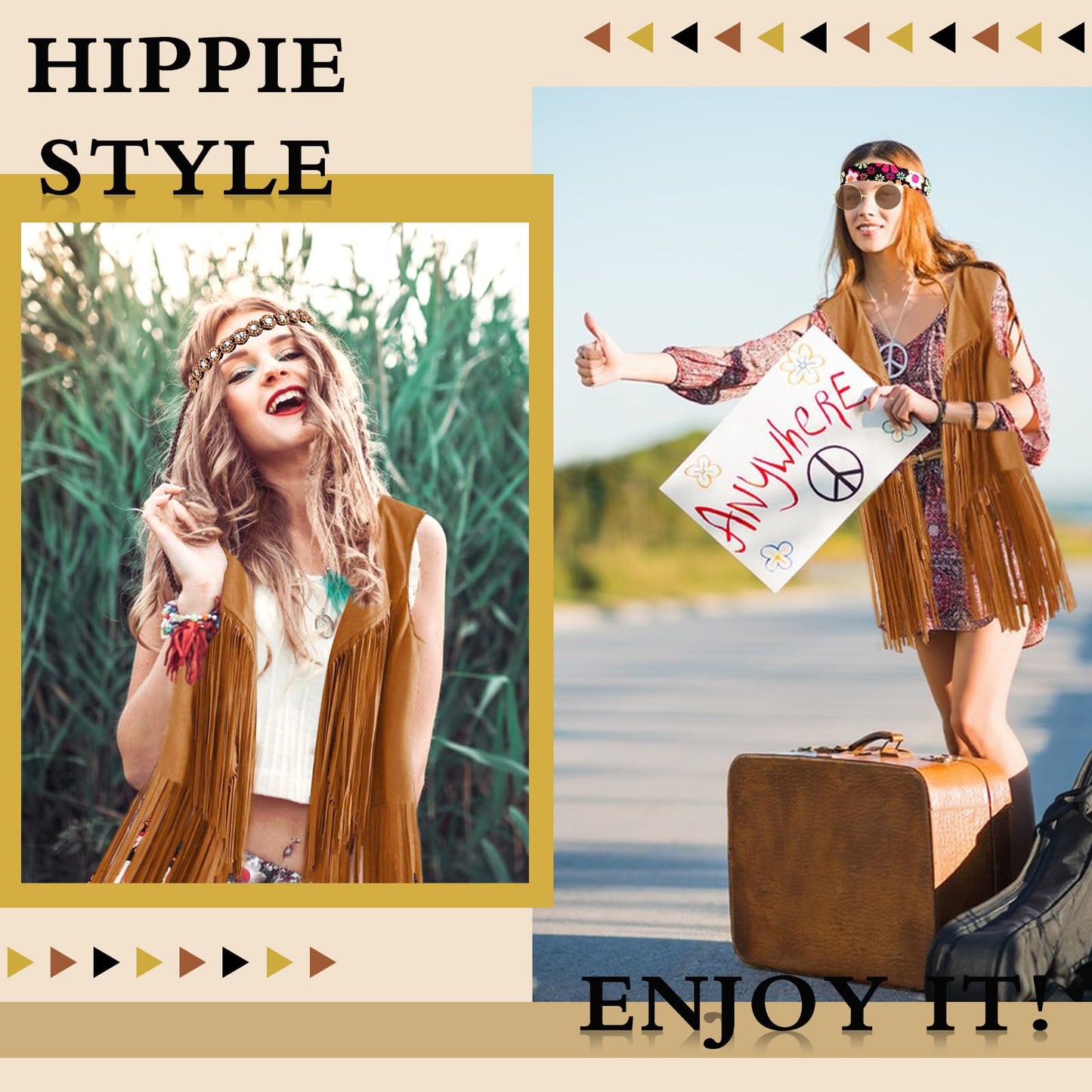 UxClishe 8 Pcs Hippie Costume Set for Women, 60s 70s Hippiy Fancy Dress Outfit Hippie Dress Up with Headband Fringe Vest-XL