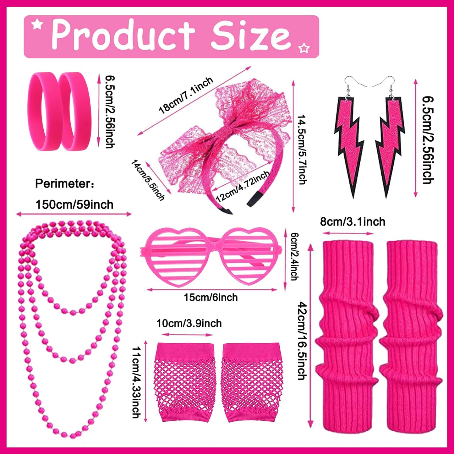 Ronilp 80s Fancy Dress for Women, Pink 1980s Accessories for Women Costume Accessories Set with Leg Warmer Necklace Bracelet Bow Headband Fishnet Gloves Earrings Hollow Glasses