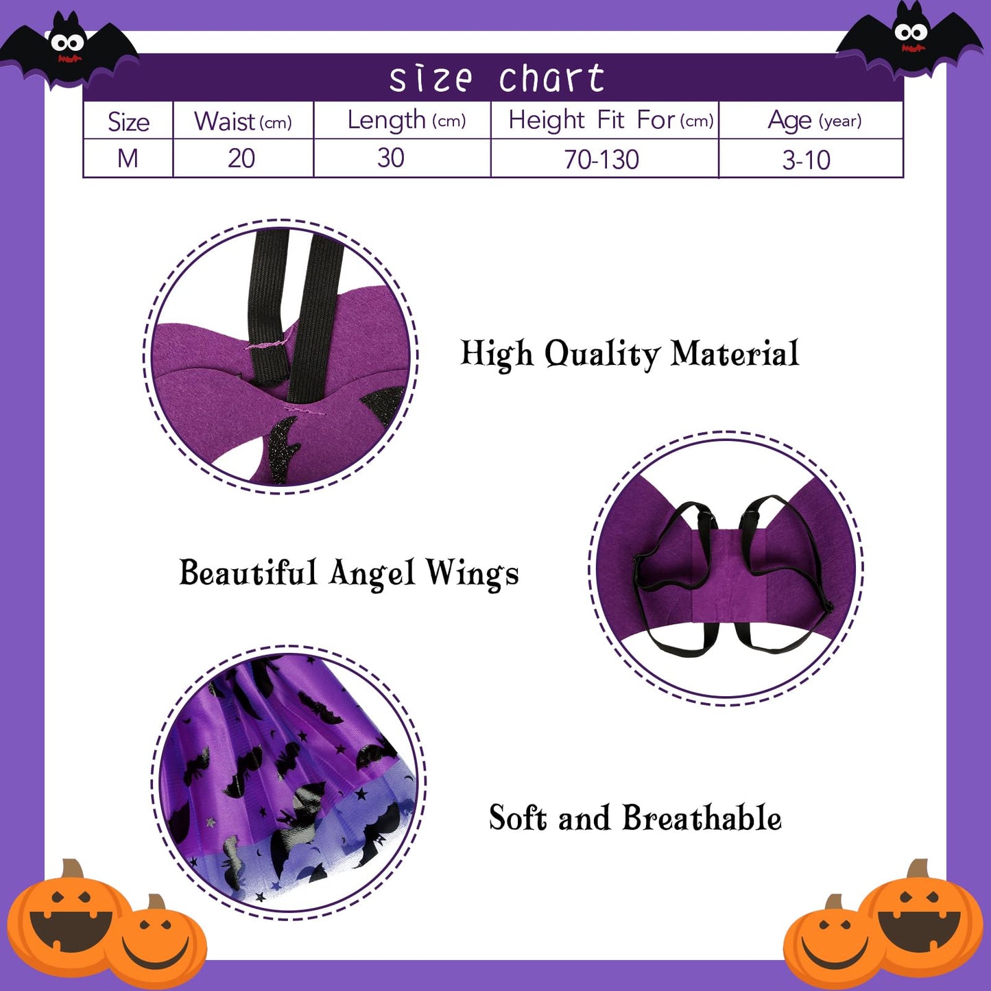 HONMOK 3 Piece Girls Bat Wings Costume, Halloween Purple Bat Fancy Dress Outfit Include Bat Tutu Skirt & Bat Eyemask & Bat Wings, for 3-10y Kids Halloween Costume Cosplay Accessories