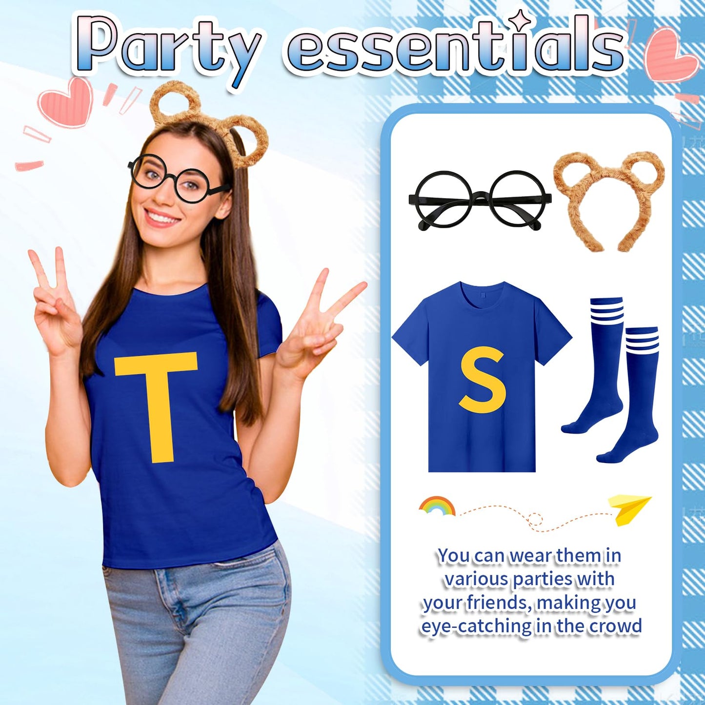 4Pcs Chipmunks Costumes Set with Chipmunk Headband Glasses T-shirt Soccer Socks, Chipmunks Fancy Dress Outfit Party Animal Cosplay for Adults Teens World Book Day Halloween Dress Up (Blue, M)