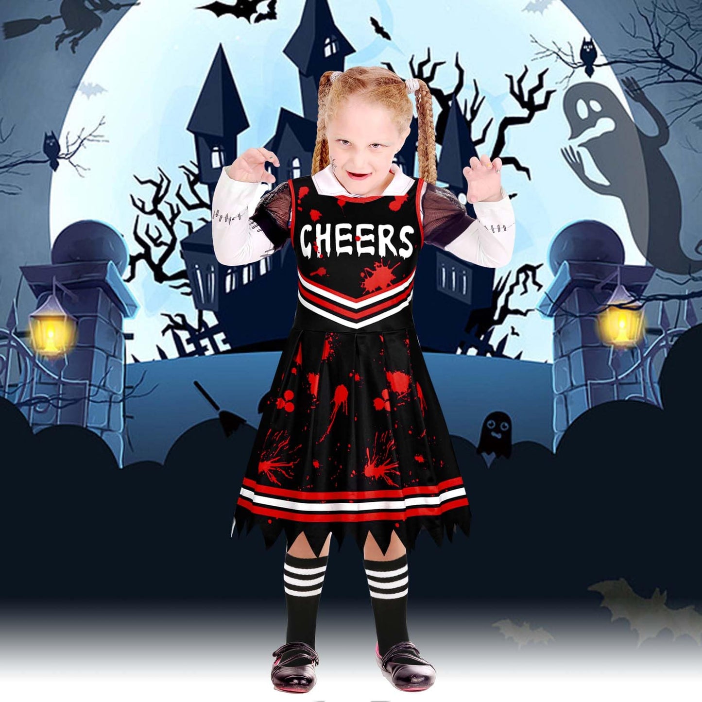Kavoc 4Pcs Halloween Zombie Cheerleader Costume Accessories Including Black Red Skirt Bow Tie Socks (10-12Years Old)
