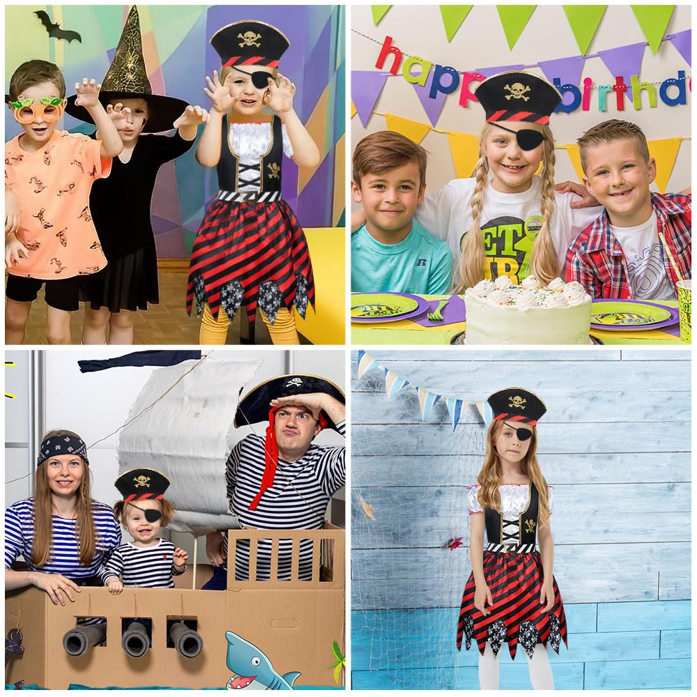 Aomig Girls Pirate 3 Pcs Role Play Dress Up Set with Hat & Eye Patch, Pirate Outfit for Birthday Party & Halloween