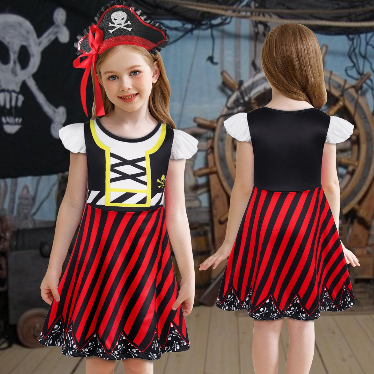 Berich Girls Pirate Costume Kids Halloween Costumes for Girls World Book Day Dress up Pirate Hat Eye Patch Headband Sword School Pretend Play Outfit Kids Dressing up Clothes 5-6 Years, Size 130, Red