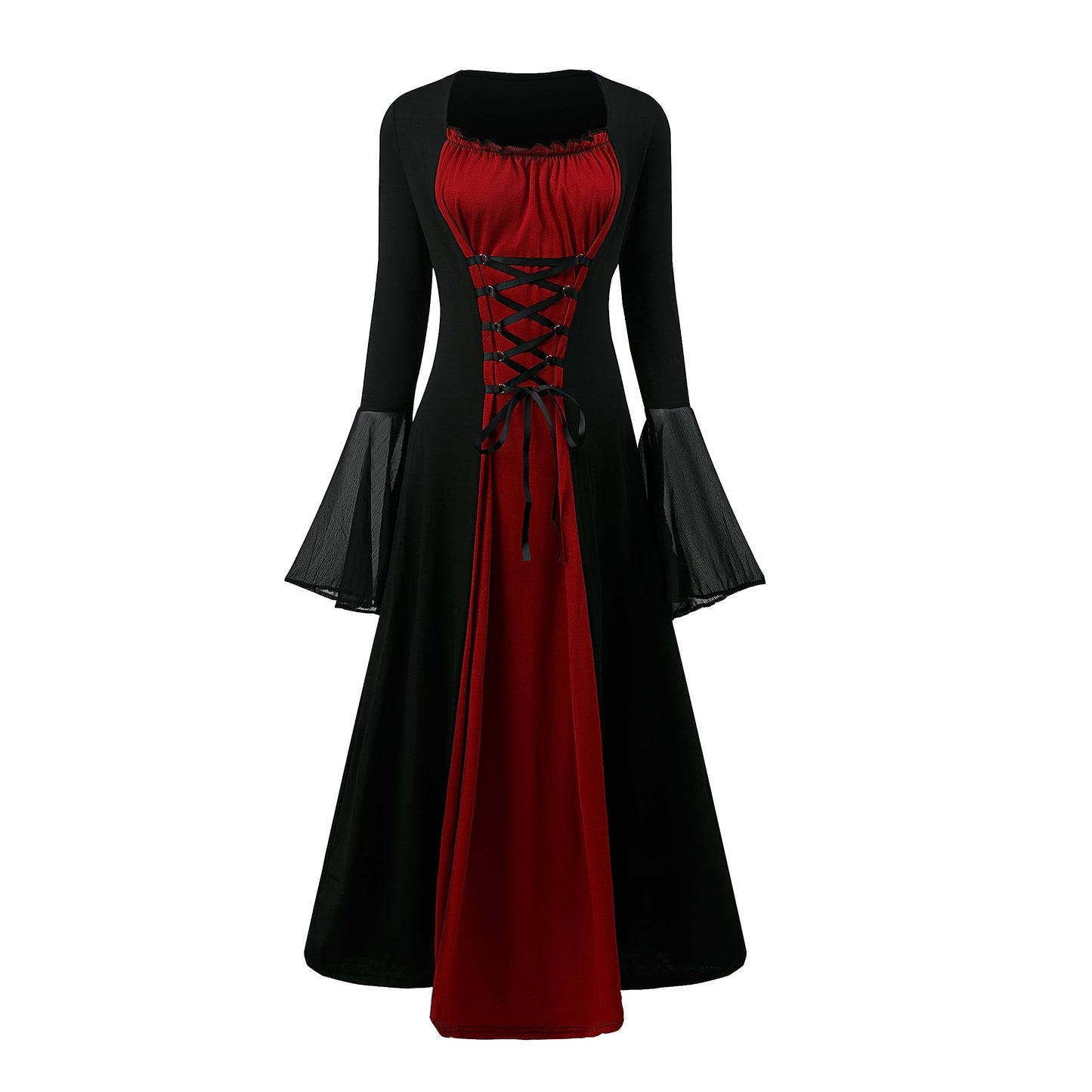 CNVAUIE Renaissance Costume for Women, Medieval Dress with Trumpet Sleeves, Gothic Maxi Dress, Carnival, Halloween, Party (Red, S)