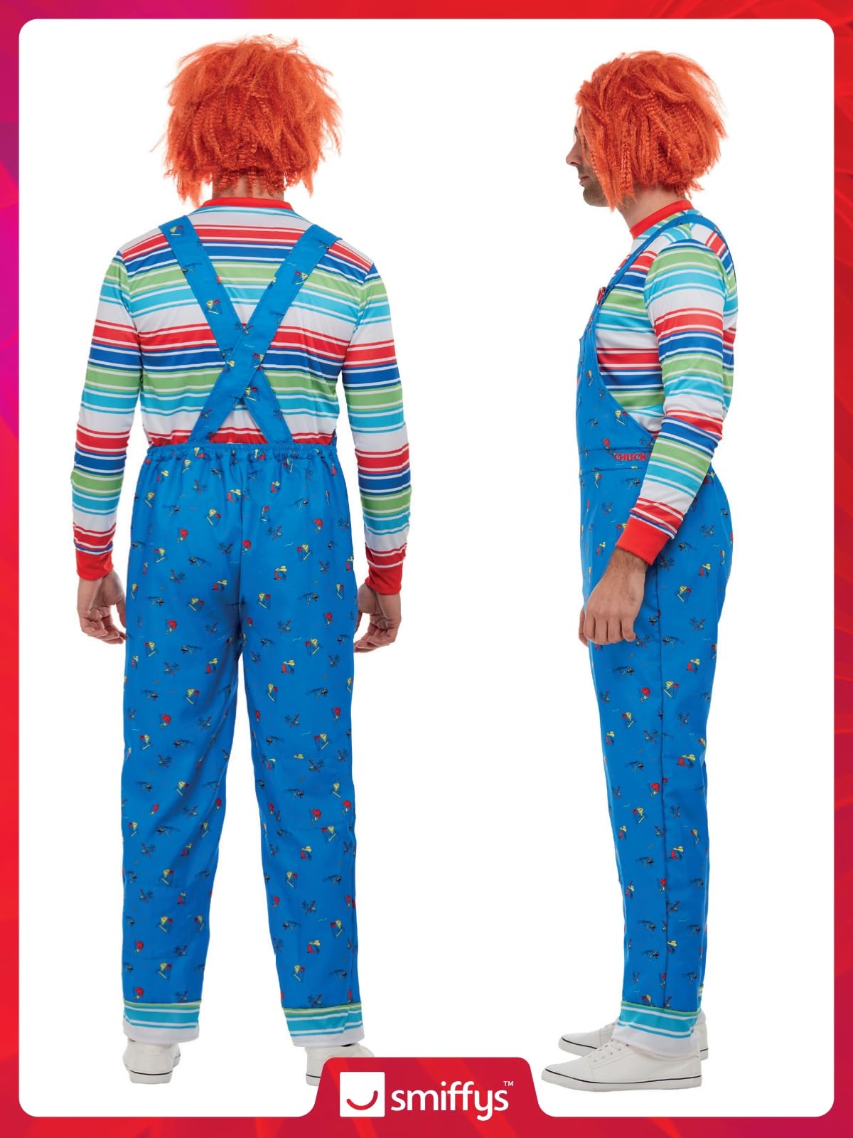 Smiffys Chucky Costume in Blue for Adults, Top and Printed Dungarees, Officially Licensed, Striped Top with Colour Block Cuffs, Perfect for Halloween and Matching Pet Costumes