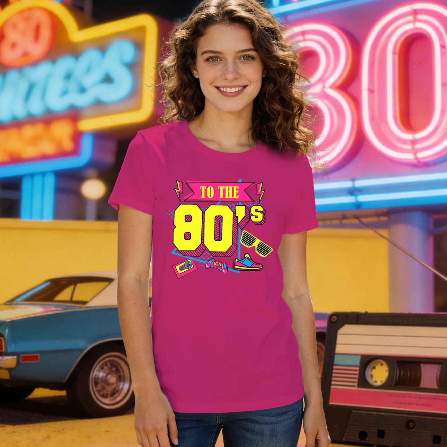 Cutesong Vintage 80s Shirts for Women Retro 1980 Party Outfits Vibrant Retro to The 80s Print tee top Rosered