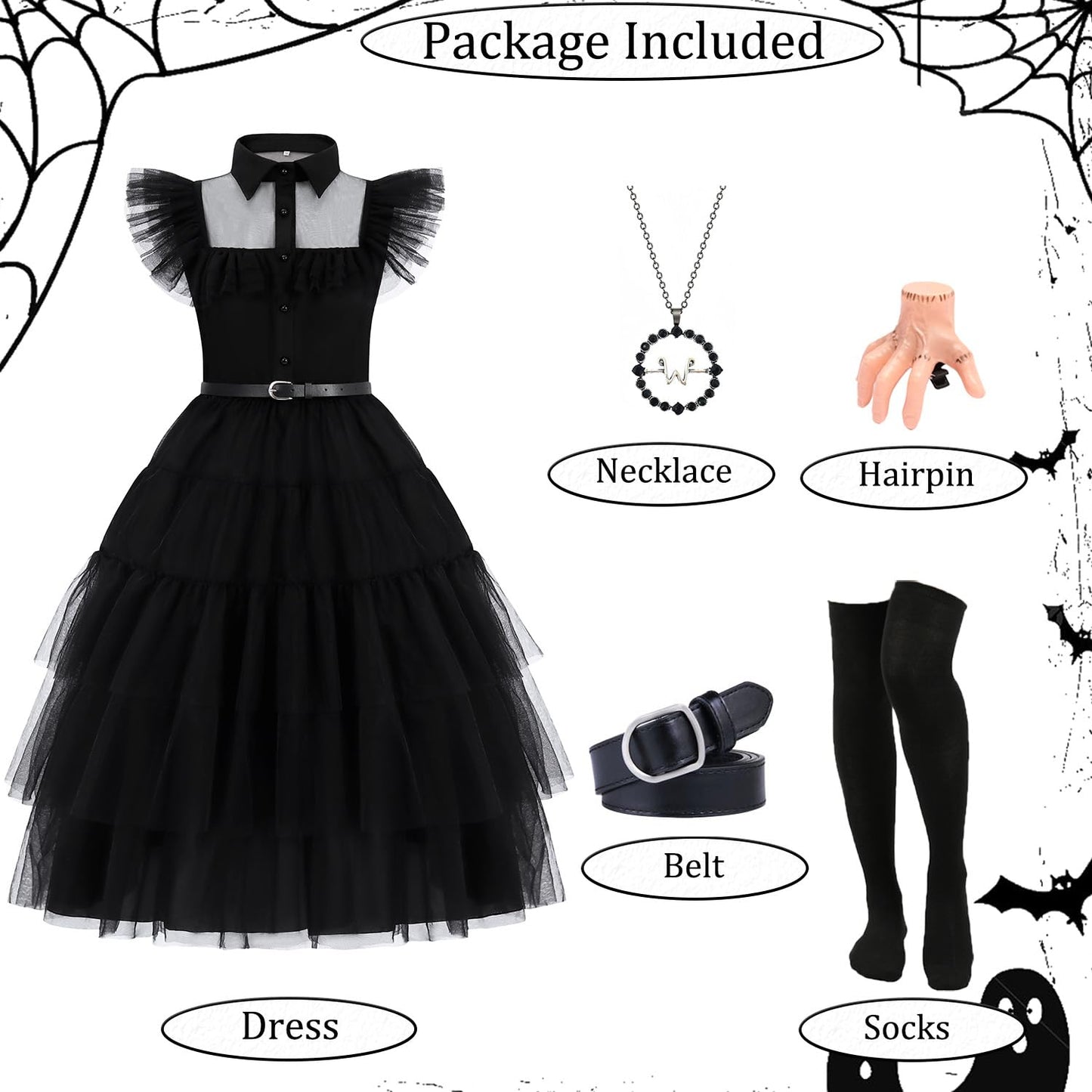 Enenblau Wednesday Addams Costume Women's Ball Gown Black Tulle Dance Dress Gothic Style Halloween Costume Set Including Knee Stockings, Chain, Hair Clip EB003XL