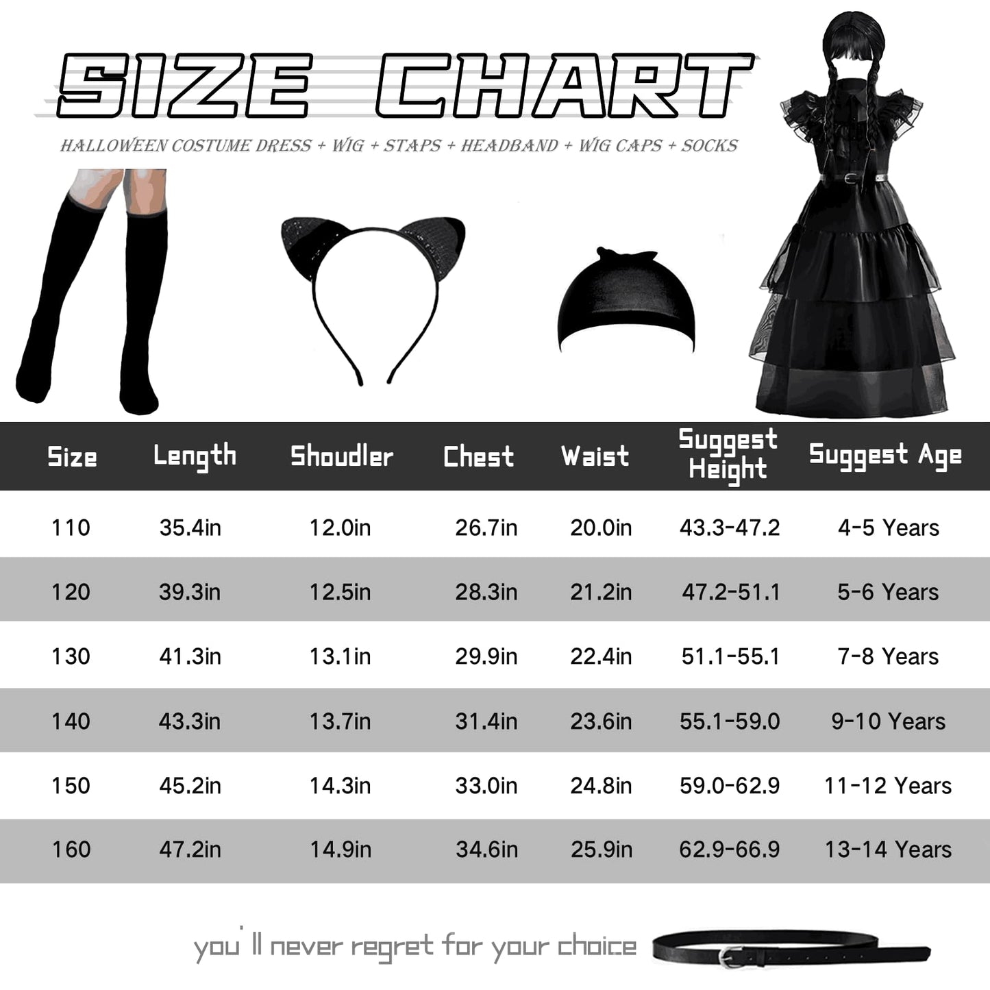 keaiyouhuo Wednesday Addams Costumes Dress for Kids Girls Family Merchandise Fancy Dress Up Cosplay Halloween Party Outfit with Wig, Black, 11-12 Years