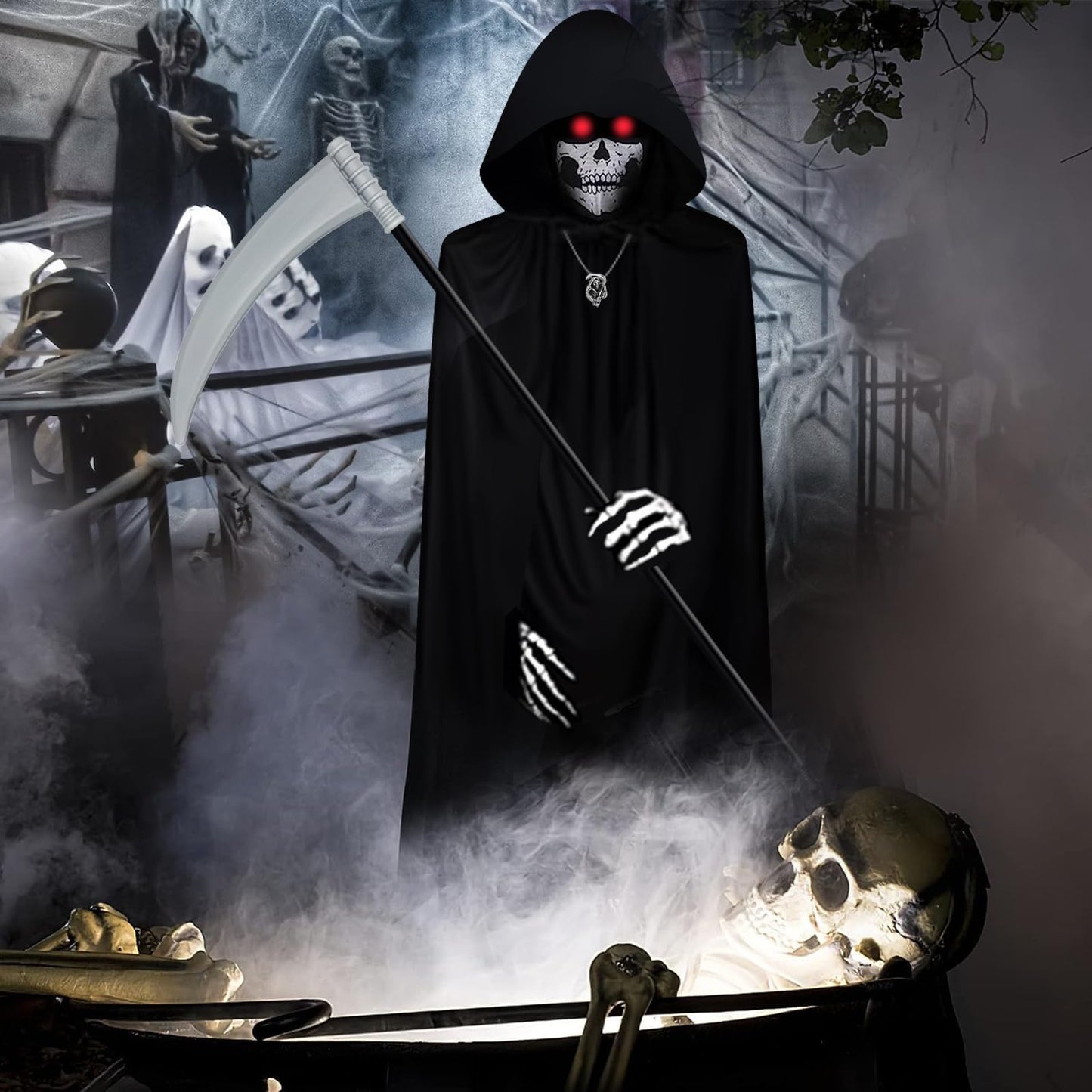 Gatwrmth 6-Piece Grim Reaper Costume Halloween Fancy Dress – Hooded Velvet Cloak with Skull Mask, Skeleton Gloves, Scythe Prop, Skull Necklace & Temporary Tattoos – One Size Fits Most Teens & Adults