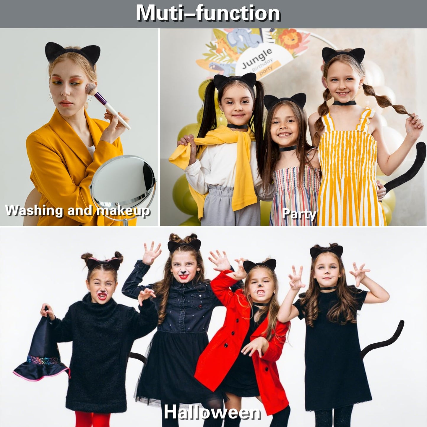 Cat Ears and Tail Set with Bells - Black Cat Costume with Cat Ears