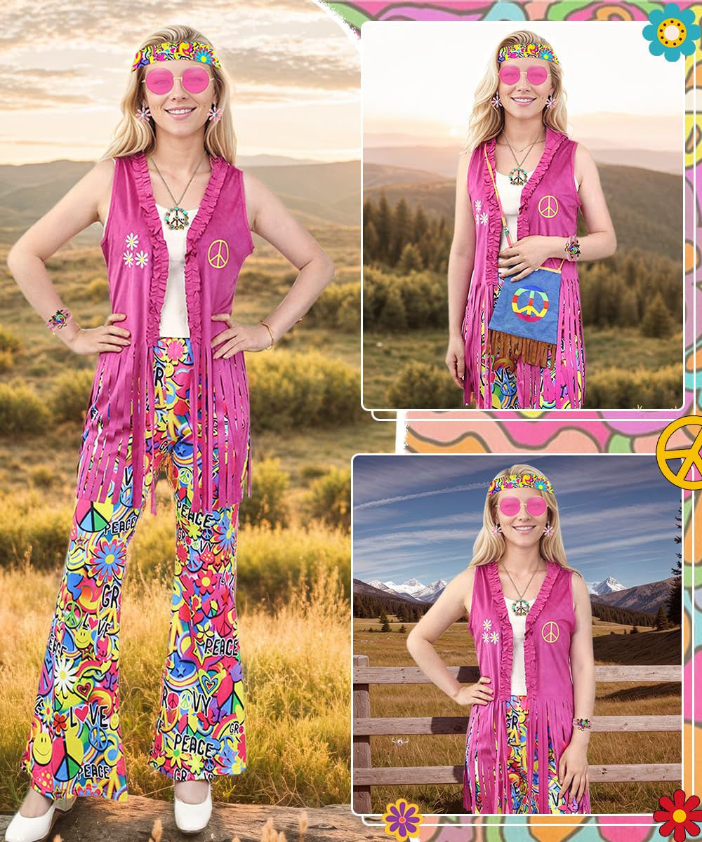 COYBTO 70s Fancy Dress Women, Hippie Costume with Fringe Vest Flared Pants Necklace Set, 60s 70s Disco Fancy Dress, 1970s Retro Hippie Outfit Hippy Clothes for Carnival Cosplay Party