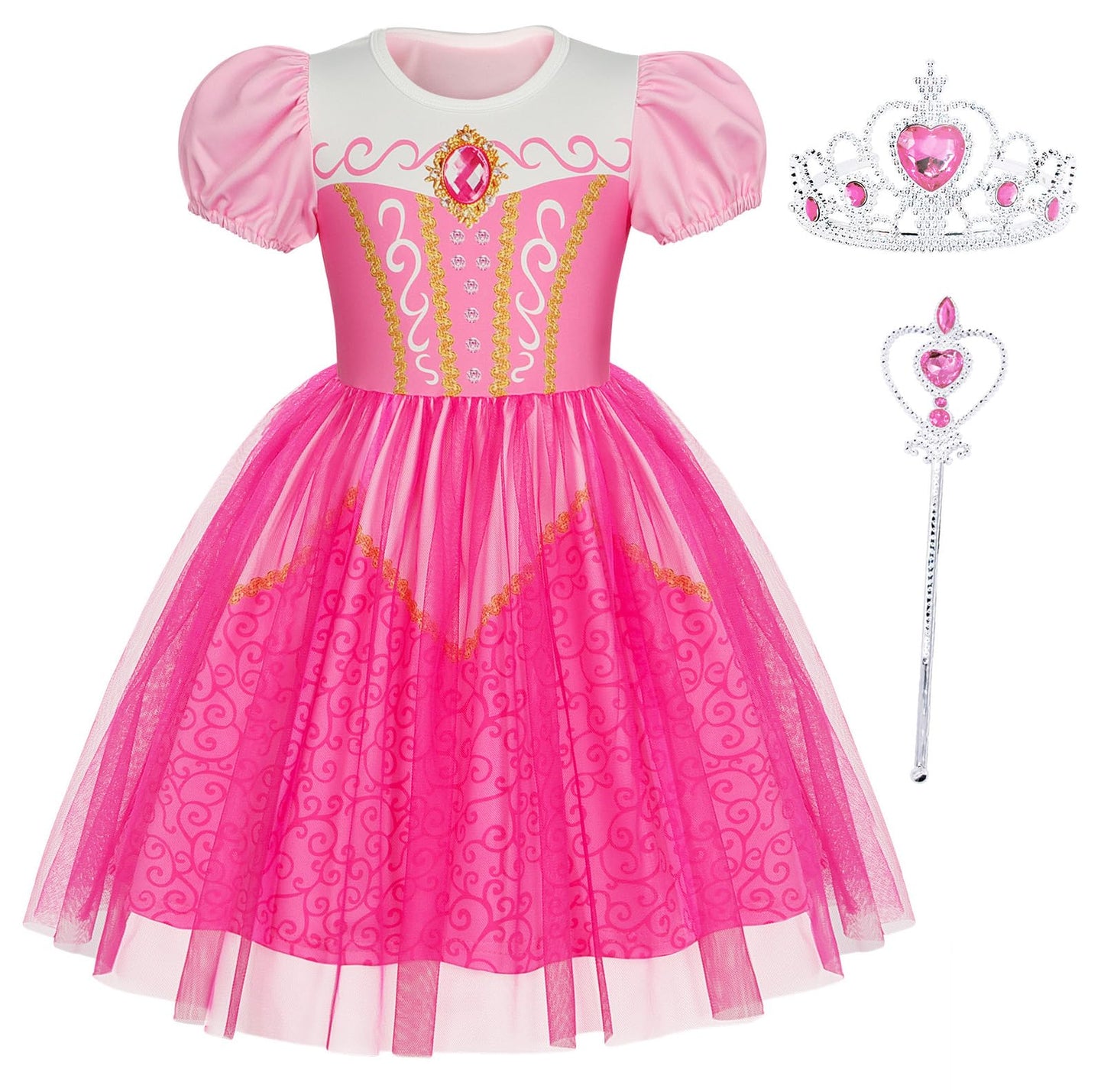 Berich Princess Costume with Crown Princess Costumes for Girls Halloween Outfits Christmas Gifts World Book Day Week Pink Dress up for Girls 4-5 Years(Pink,120)