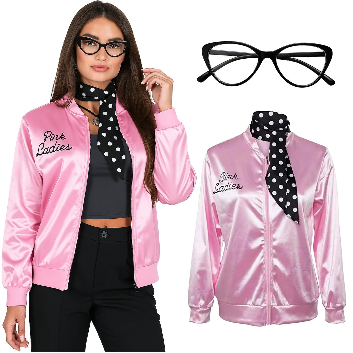 SSKHE Ladies Pink Grease Jacket with Neck Scarf Glasses, Halloween Cosplay Costume Fancy Dress, 1950s Pink Satin Jacket Outfit for Women Festival Carnival Christmas 80s Party