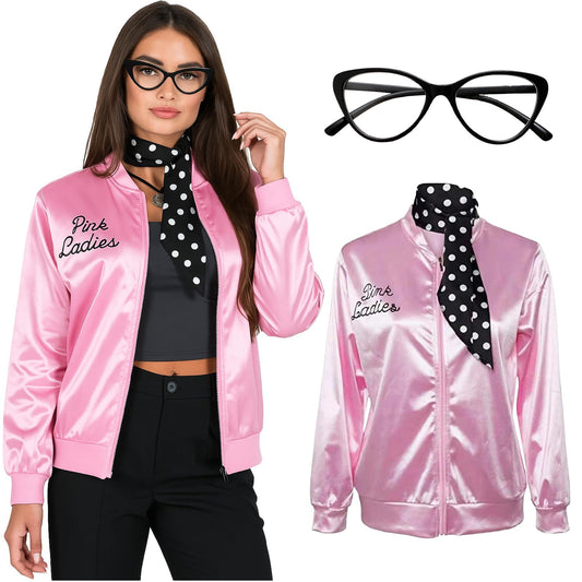 Ladies pink Grease jacket with neck scarf and glasses