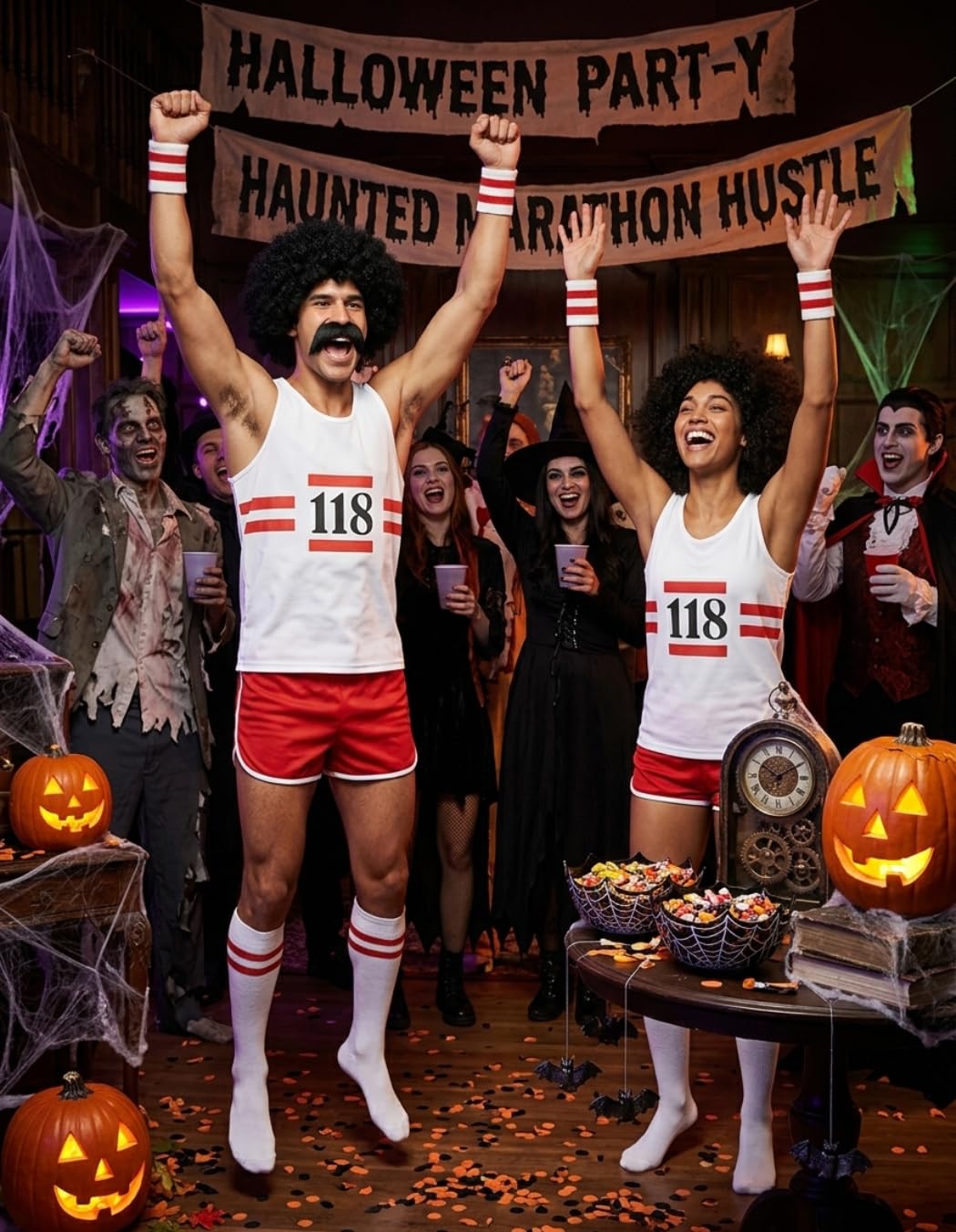 RIDDLED WITH STYLE Unisex 118 Marathon Fancy Dress Costume Set Retro Sleeveless Vest Shorts Moustache Socks Wig Running Outfit Mens Womens Party Event Fun Run UK Sizes S-XL