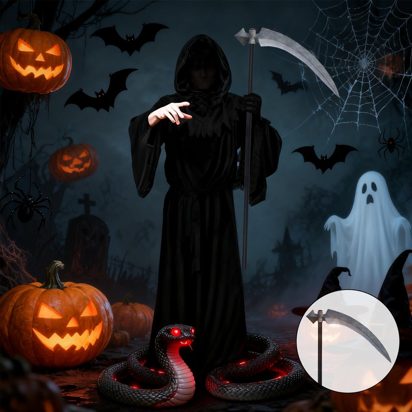 PULASIDO Halloween Costumes, Grim Reaper Costume Set for Girls Boys Adults, Spooky Halloween Costume Set for Adults Scary Ghost Cosplay Masquerade Tunic Outfit with Scary Snake