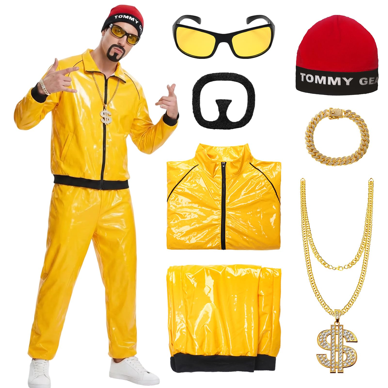 Ali G Costume Adult 90s Rapper Costume Yellow Shell Suit with Hat