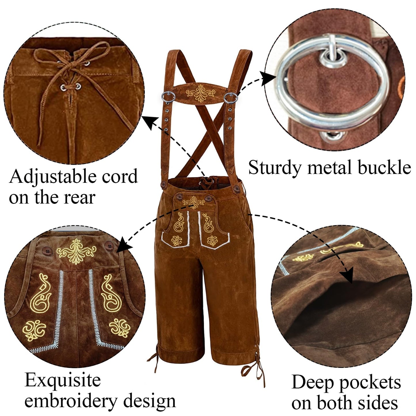 Adisno Lederhosen Men,Oktoberfest Outfit Mens,October Festival Costume Mens,Men Lederhosen, Bavarian Man Costume Pants, Brown, Embroidered - Size XL