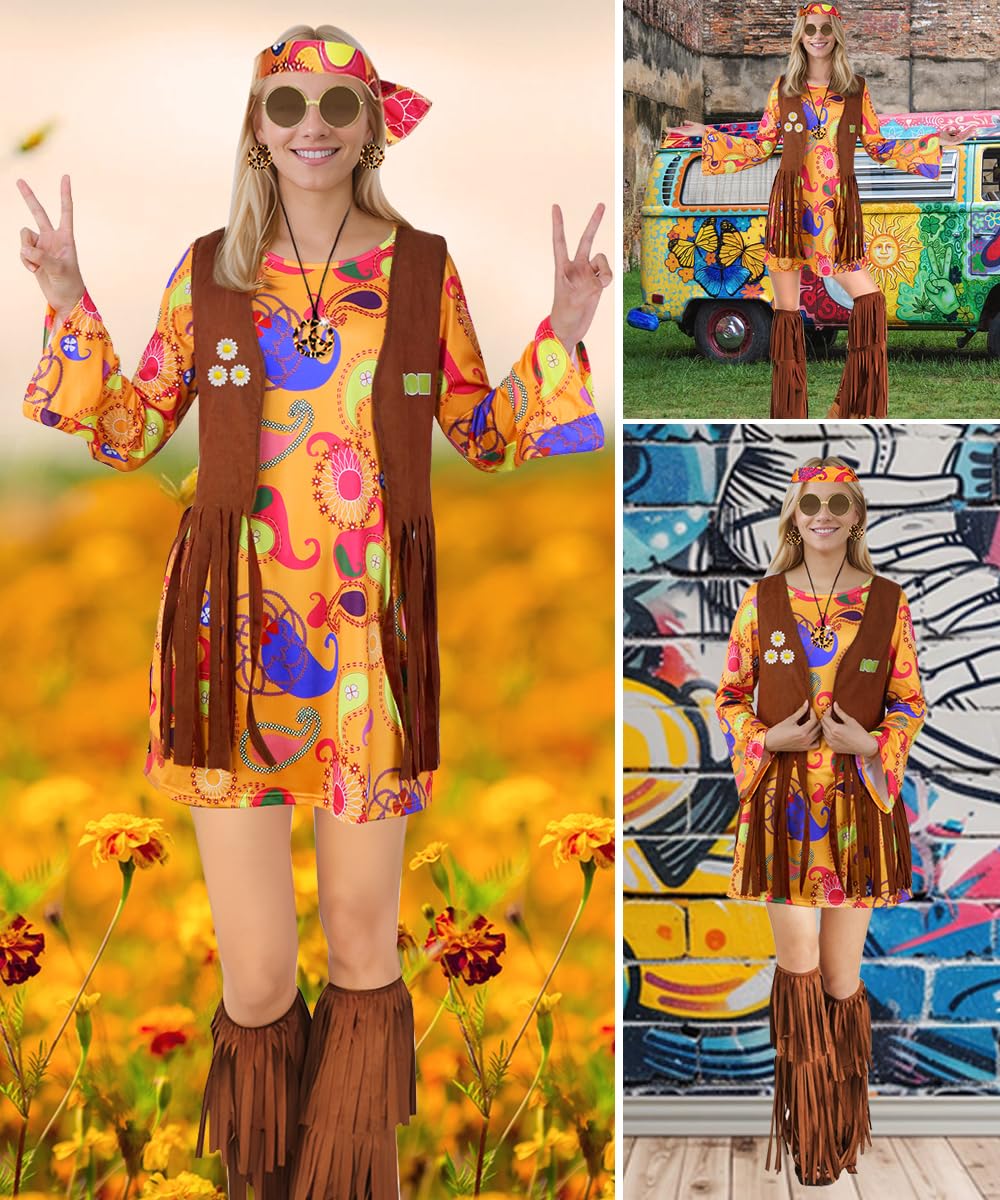 TOLOYE 70s Fancy Dress Women, Hippie Costume Outfit with Fringe Vest Boho Headband Necklace Set, 60s Disco Fancy Dress, 1970s Retro Hippie dress Hippy Clothes for Carnival Cosplay Party (L)