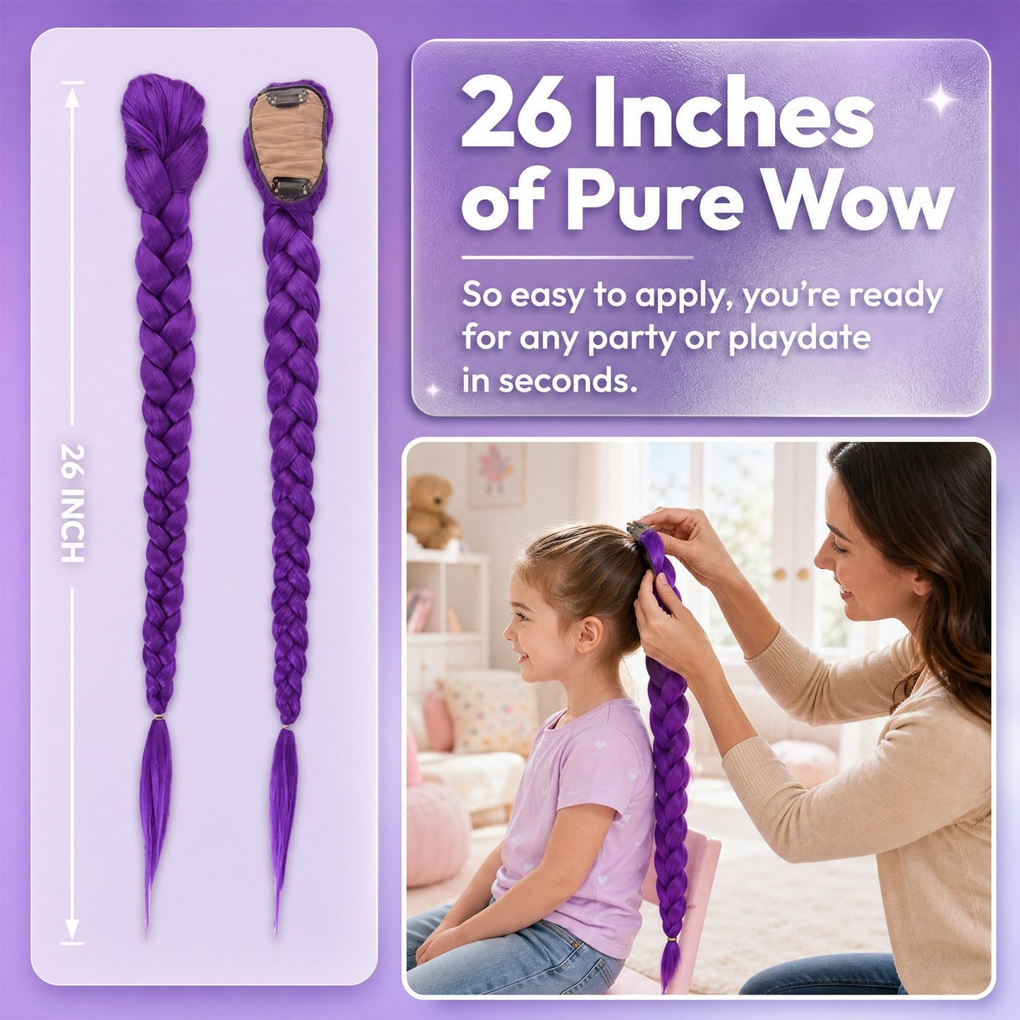 Purple Wig Braided Ponytail Hair Extensions for Women and Girls