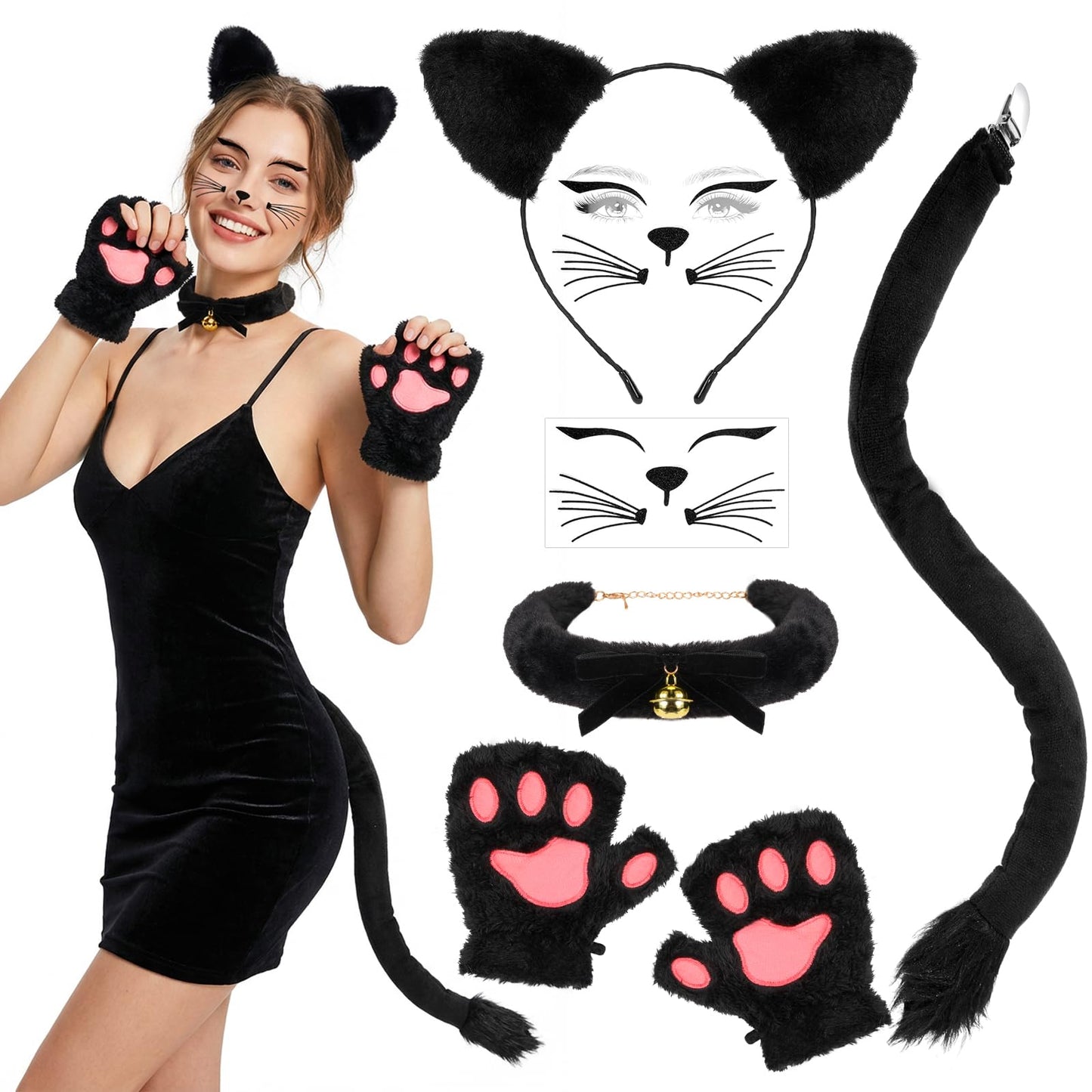 Cat Costume for Women Black Cat Ears Headband and Tail Bell Choker