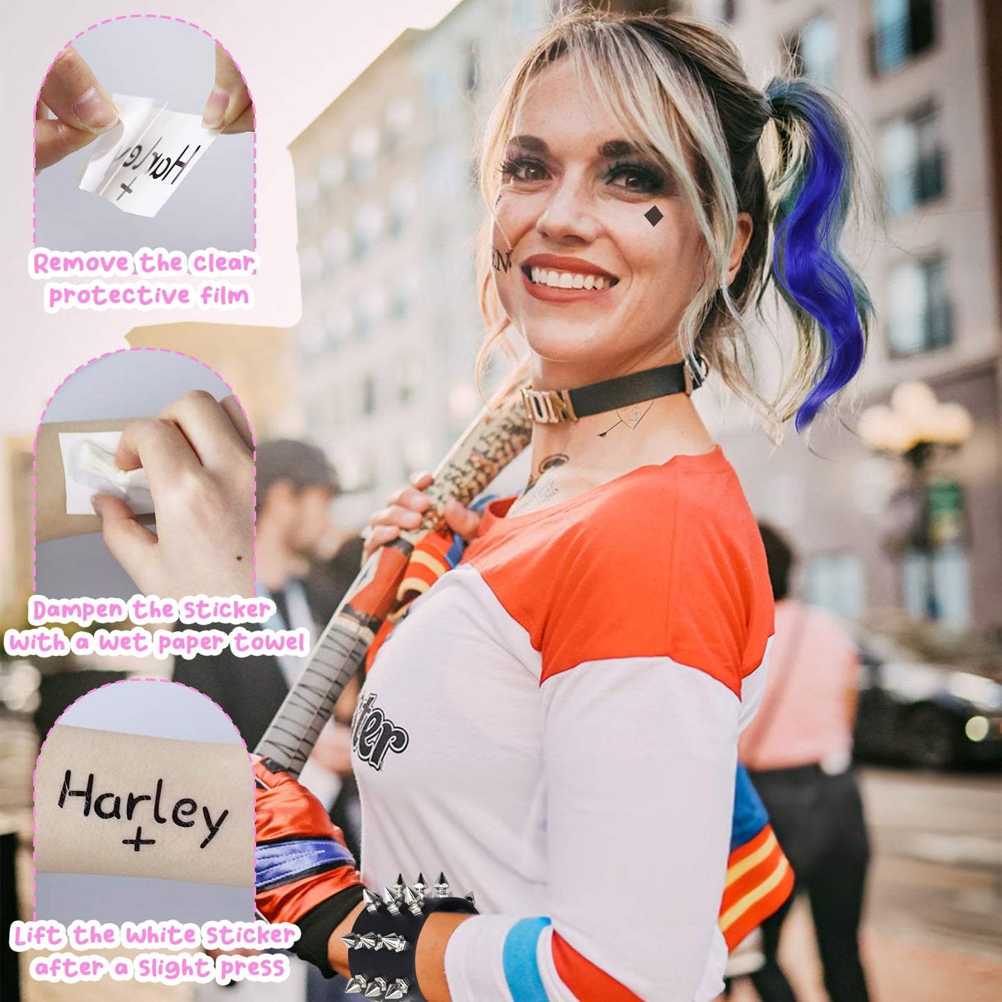 Oerphh 6pcs Women Villain Costume Accessories Set, Harley Cosplay with Tattoo Wristband Collar Hair Extension, Womens Fancy Dress Costumes for Cosplay Halloween World Book Day