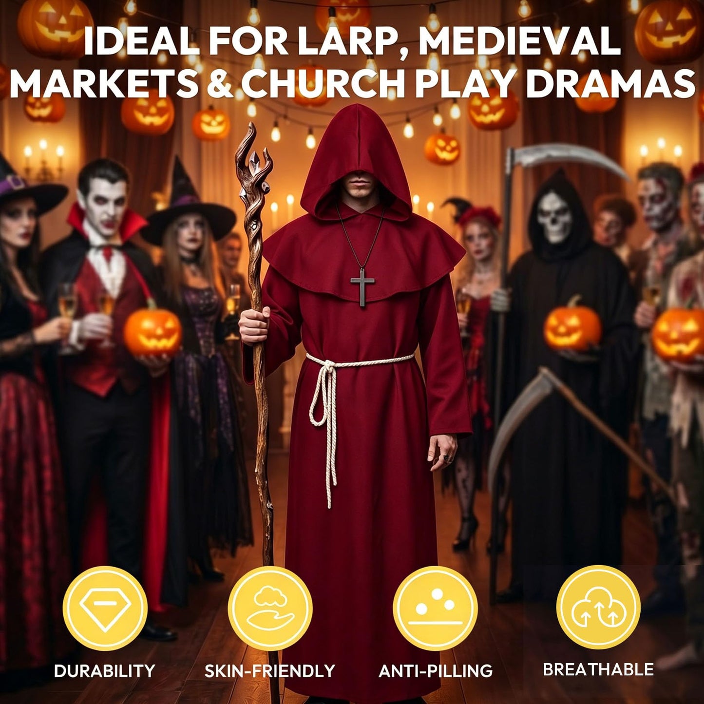 KONVINIT Monk Robe Mens Halloween Costumes Red Medieval Friar Hooded Monk Renaissance Priest Robe Vicar Costume Monk Outfit for Adult,red L