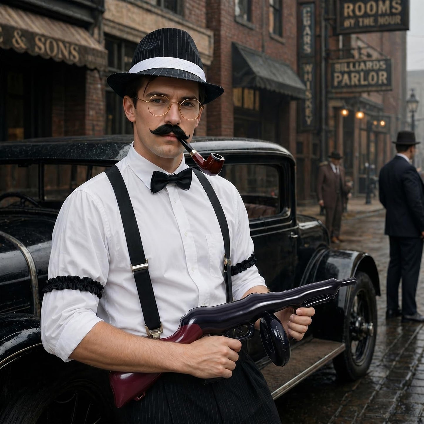 1920s Accessories for Men, Great Gatsby Fancy Dress Set with Fedora Hat Suspenders Bow Tie Fake Beards Glasses Inflatable Gun Folding Cane for Roaring 20s Gangster Costume for Party (Black Stripes)