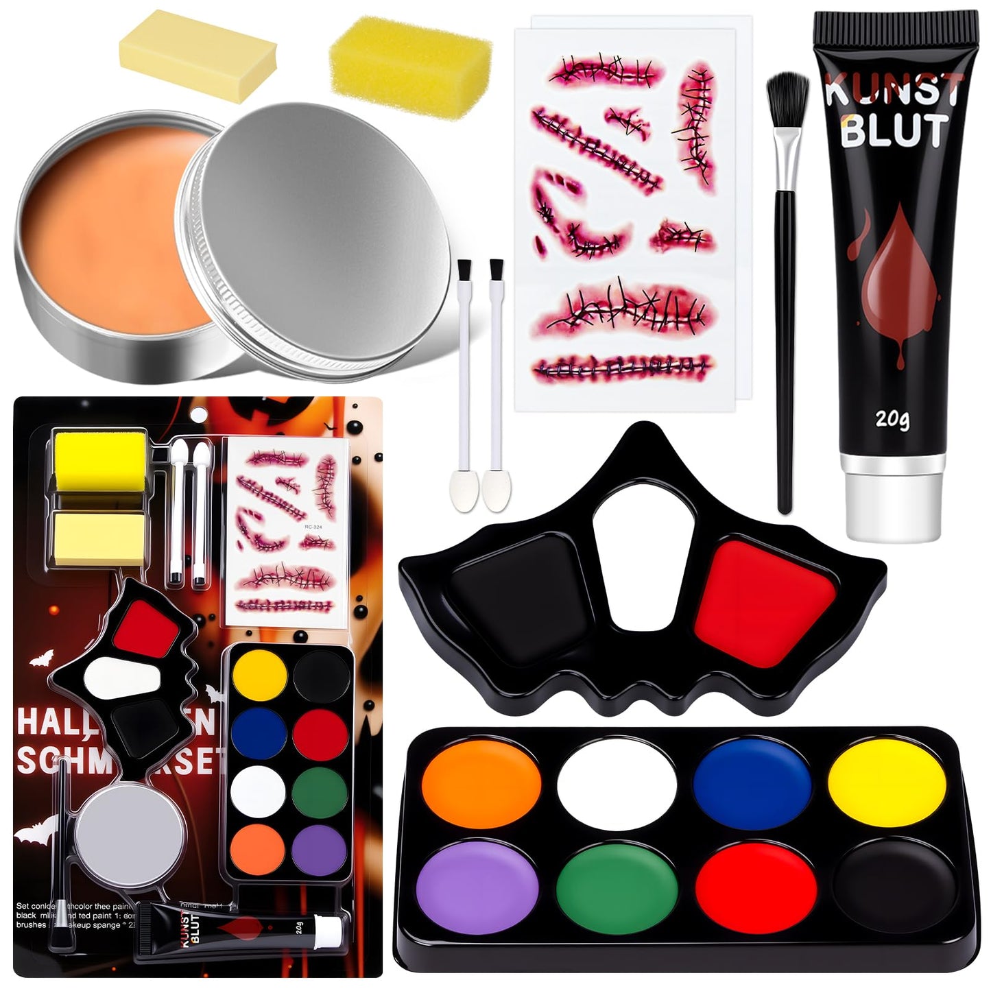 Face Paint Halloween Makeup Kit - White Black Red Face Paints Professional Adults with Fake Blood, Scars, tattoos, 8 Color Body Painting Set For Zombie Vampire Skeleton Joker Clown Witch Cosplay