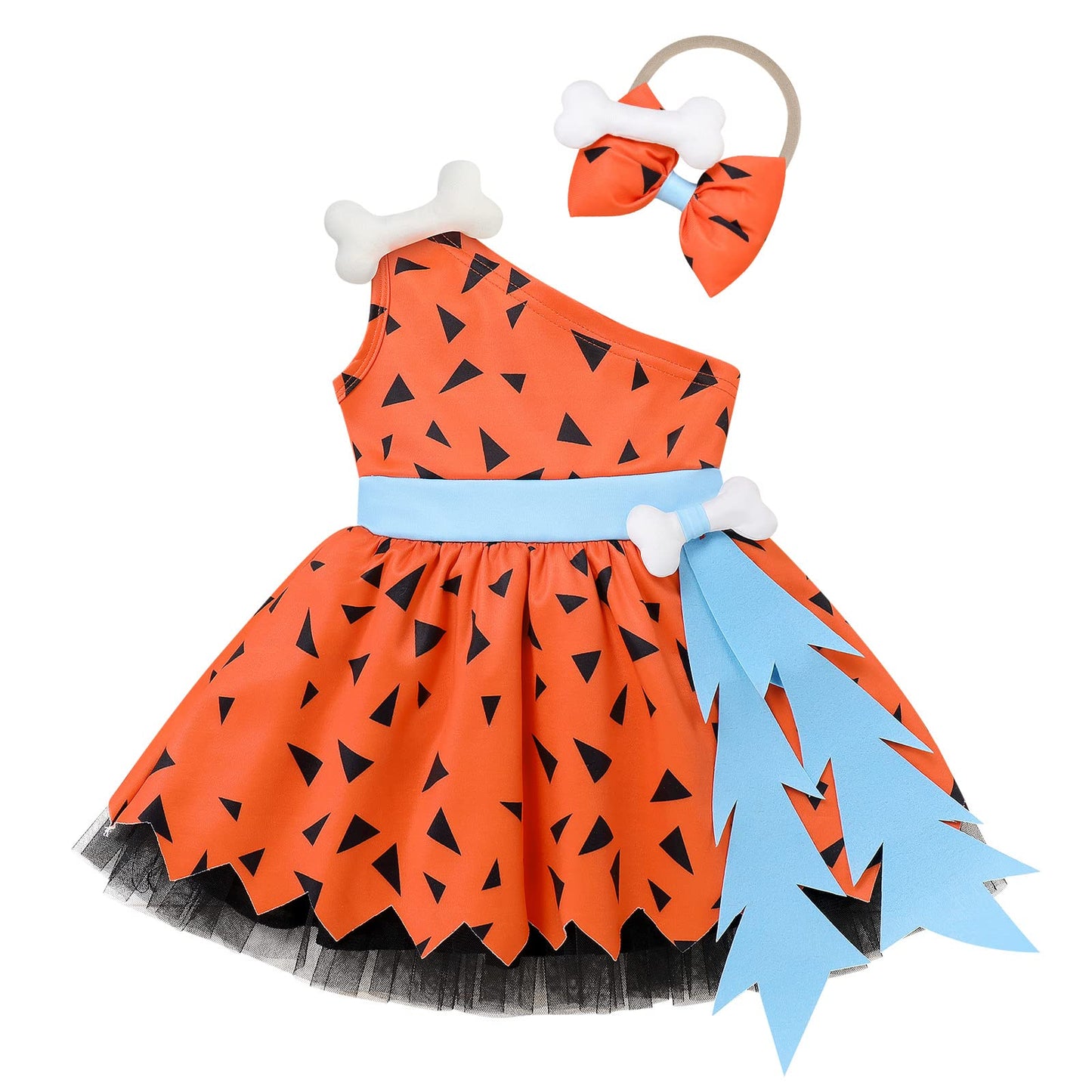 Kids Toddler Infant Baby Costume Historical Stone Age Cave Girl Fancy Dress Up One Shoudler Dress Bone Headband 1st Birthday Outfit Halloween Cosplay Orange Girl 6-12Months