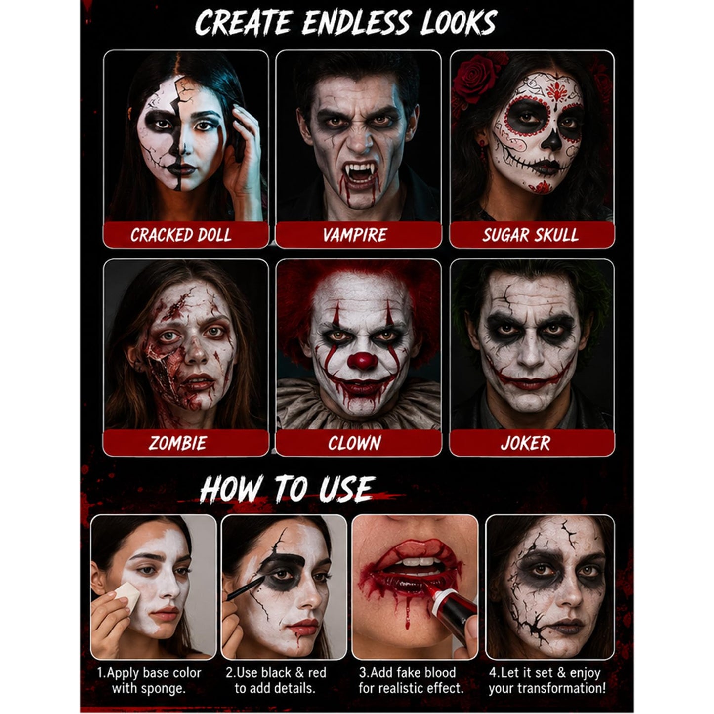 SFX Makeup Kit, Halloween Face Paint Kit, White Black Red Face Paint Halloween Makeup, Washable Fake Blood, Face Painting Kit for Halloween, Cosplay, Costume, Theme Parties (Face Paint Kit)