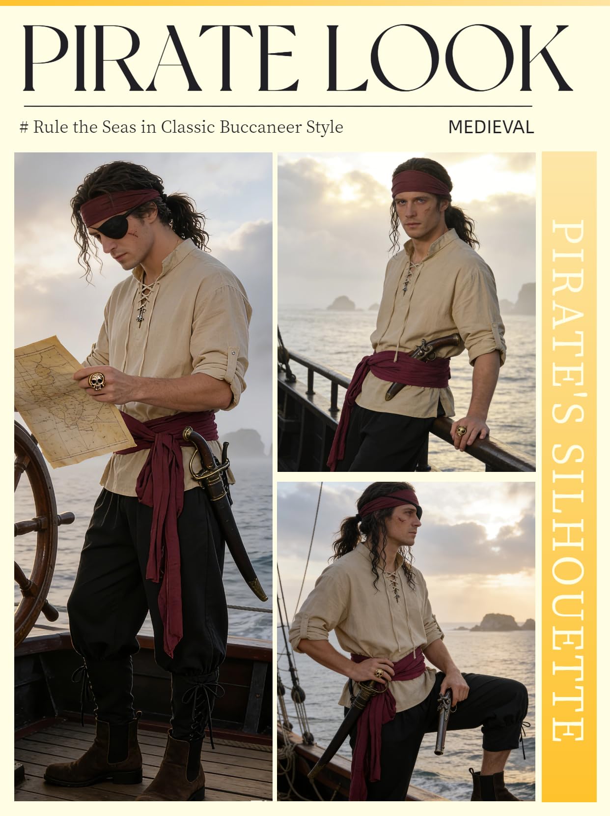 Pirate Costume Adult Men Eye Patch Medieval Shirt Trousers Bandana