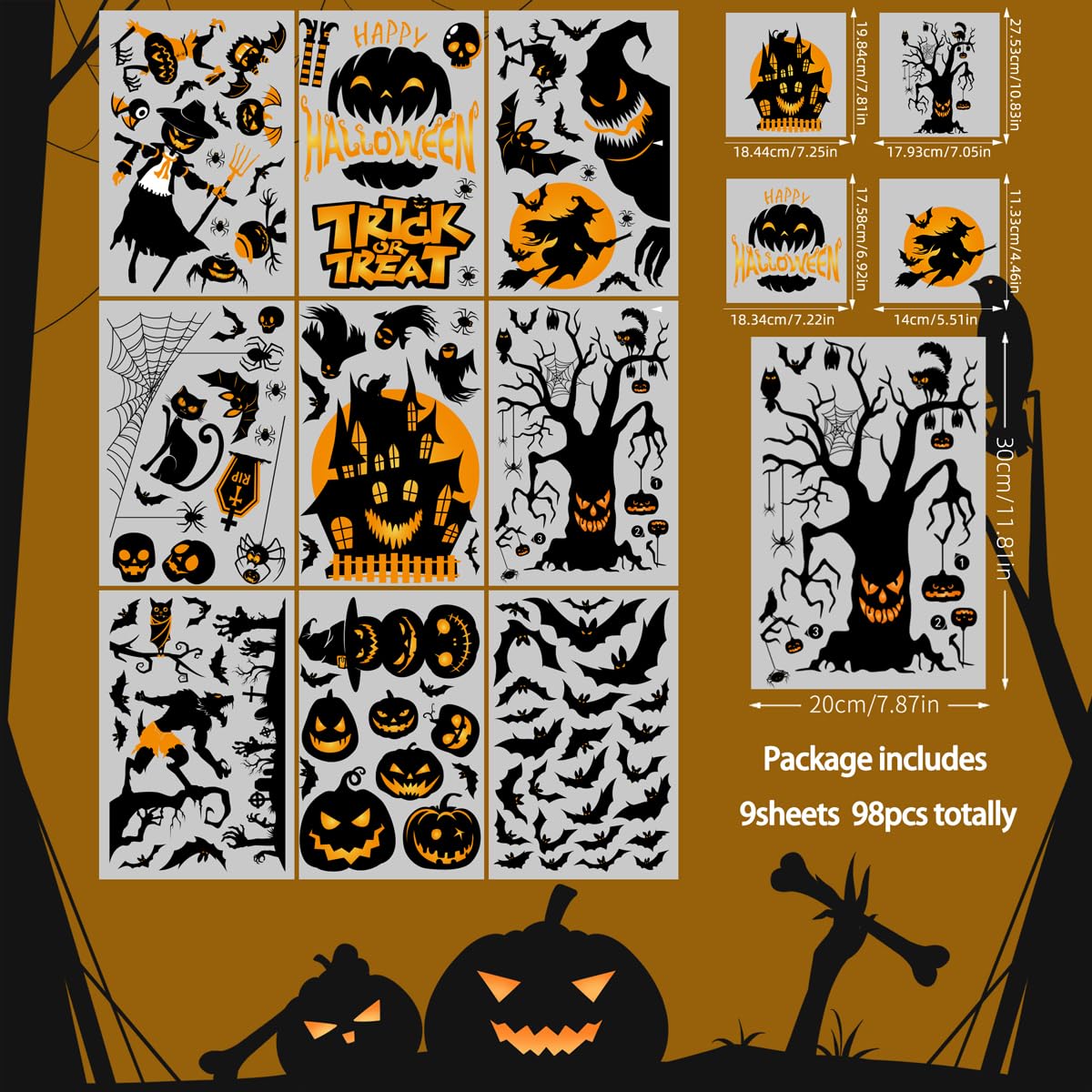 Xyxu Halloween Decorations Window Stickers, 9sheets Scary Halloween Window Stickers Clings Decorations, Wolf Bat Witch Ghost Spider Pumpkin Halloween Stickers for Window Halloween Decorations Indoor