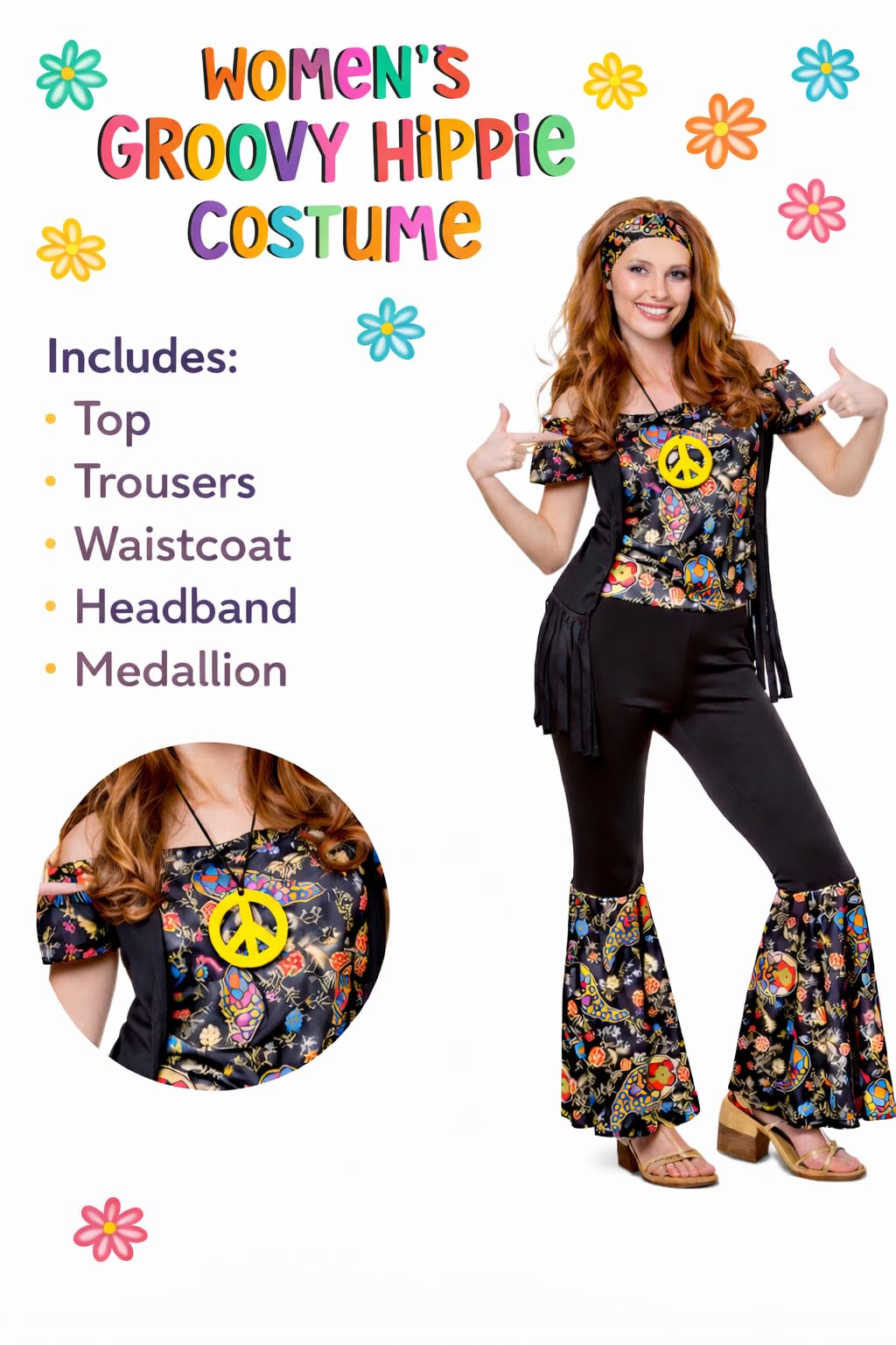 Wicked Costumes Adult Womens Groovy Hippie Fancy Dress Costume – 60s 70s Retro Disco Festival Party Outfit Black - Medium (14-16)