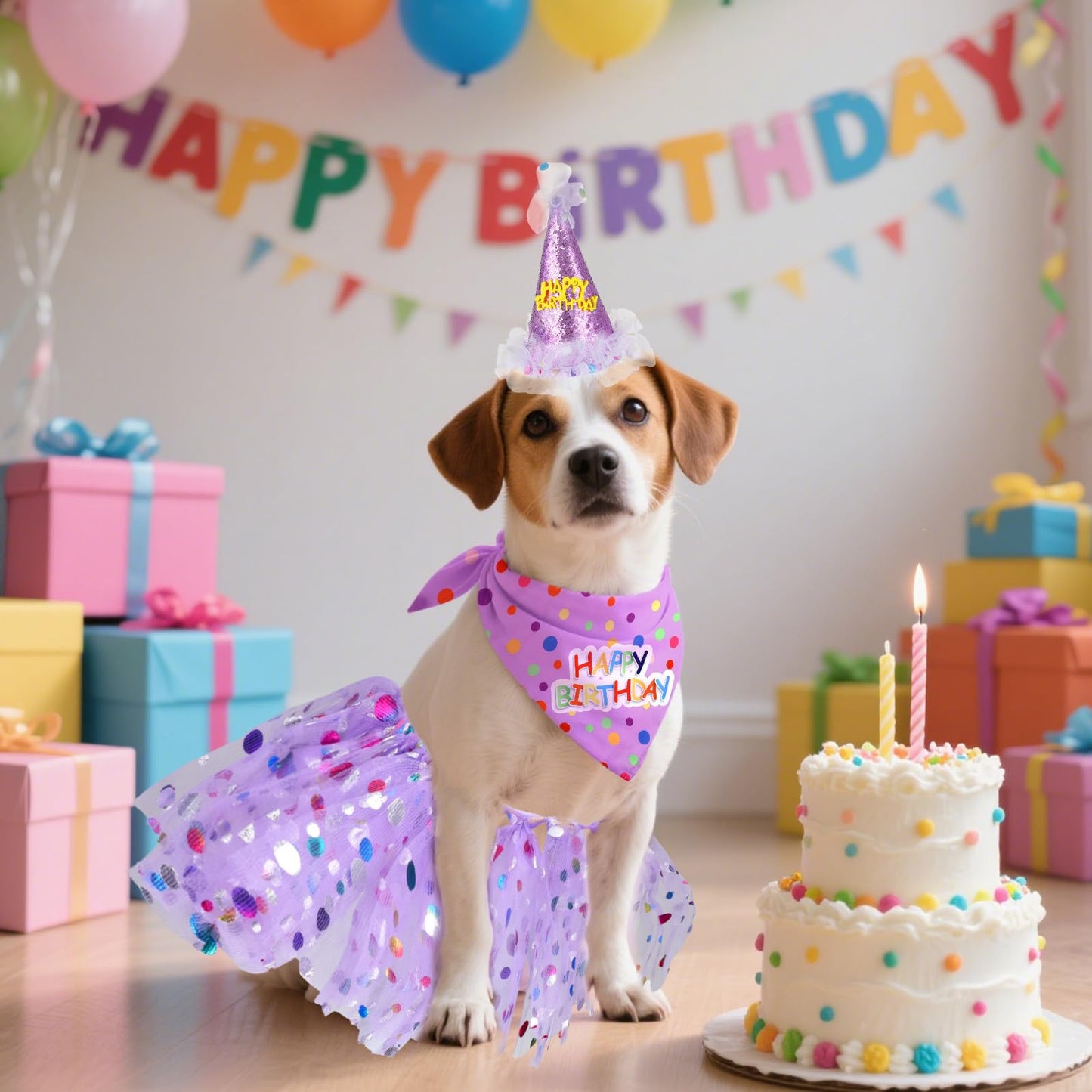 Dog Birthday Hat with Glitter Bandana Dress Set Puppy Birthday