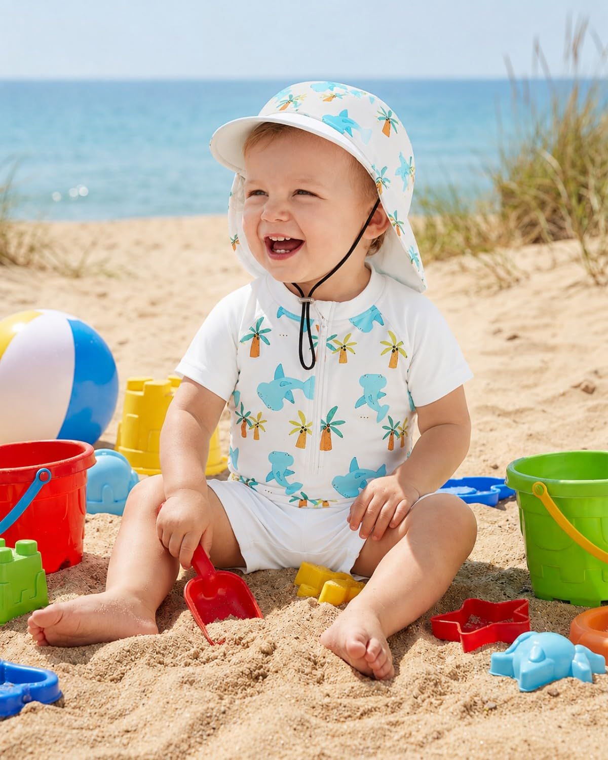 JiAmy Baby Boys Swimming Costume with Sun Hat 3PCS Short Sleeve Zip Up Rash Guard Shirt Swim Truck Infant Toddler Baby Swimsuit White 18-24 Months