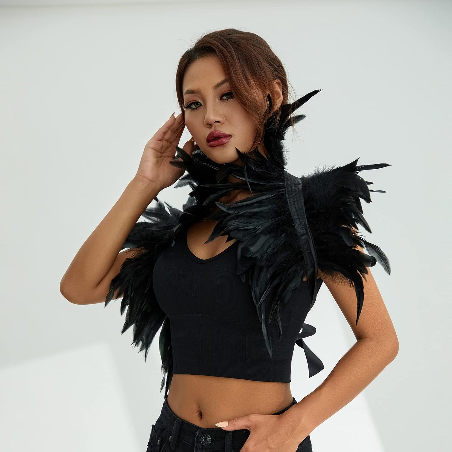 Womens Natural Feather Cape Costume Gothic Lacing Shawl Shrug