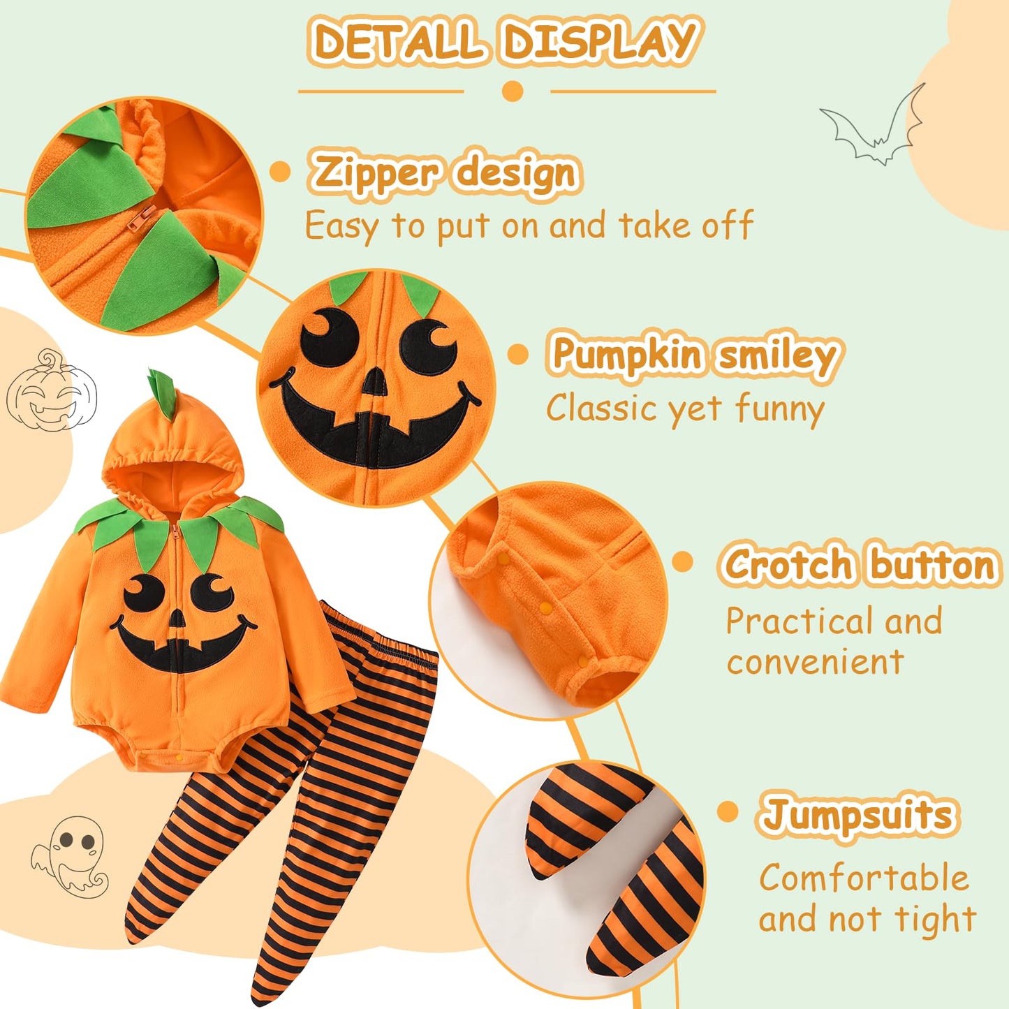 TenhCreek Baby Pumpkin Costume, Long Sleeve Baby Girls Boys Pumpkin Outfit, Soft Fleece Infant Pumpkins Outfit, Hooded Babys Pumpkins Costumes with Footed Pants Set, Babies Halloween Clothes (0-18M)