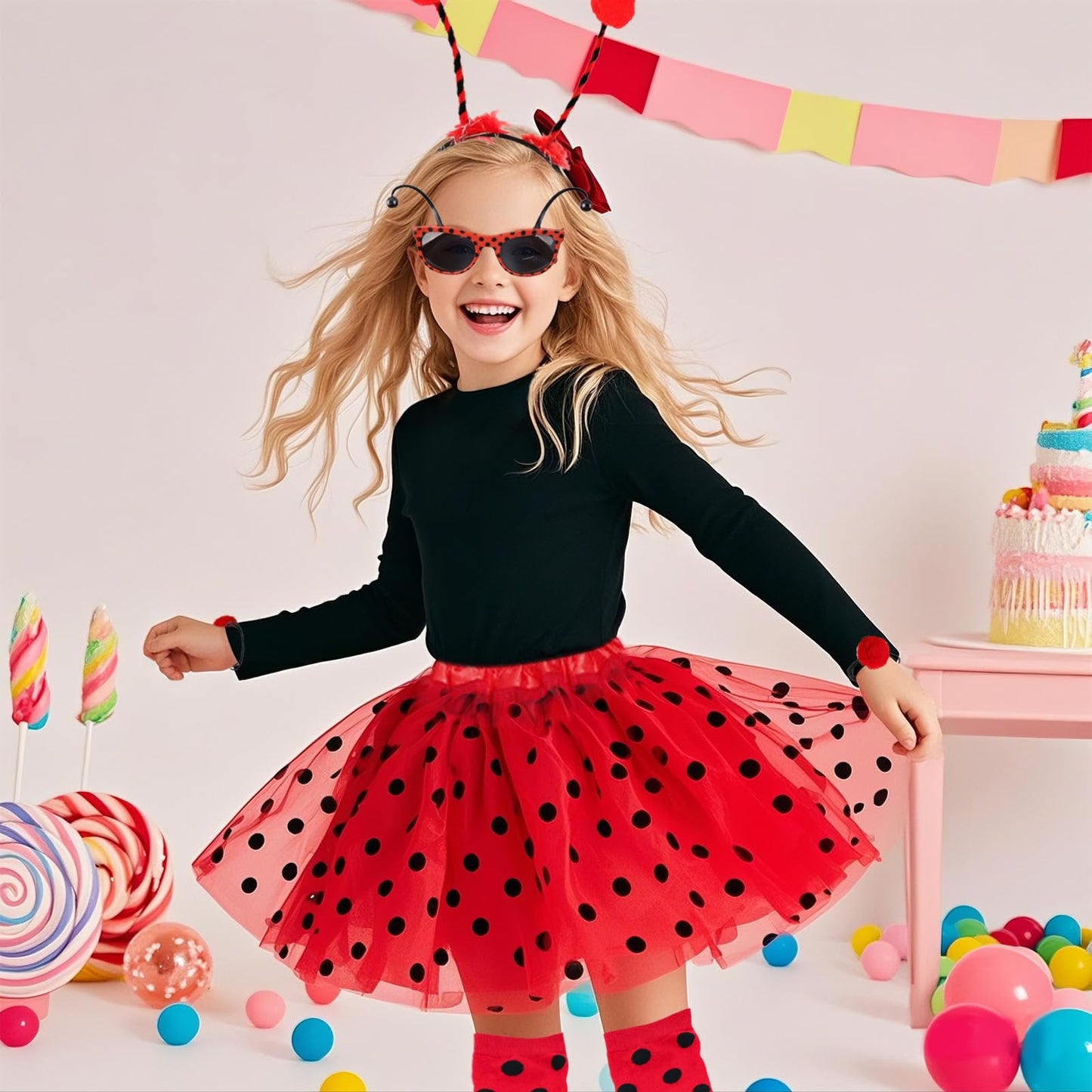 9 Pcs Ladybird Costume Kids, Spotty Tutu for Girls Fancy Dress, Animal costume Kids with Accessories, Party Outfit Performance Costume Sets, Halloween World Book Day Costumes for Girls Cosplay