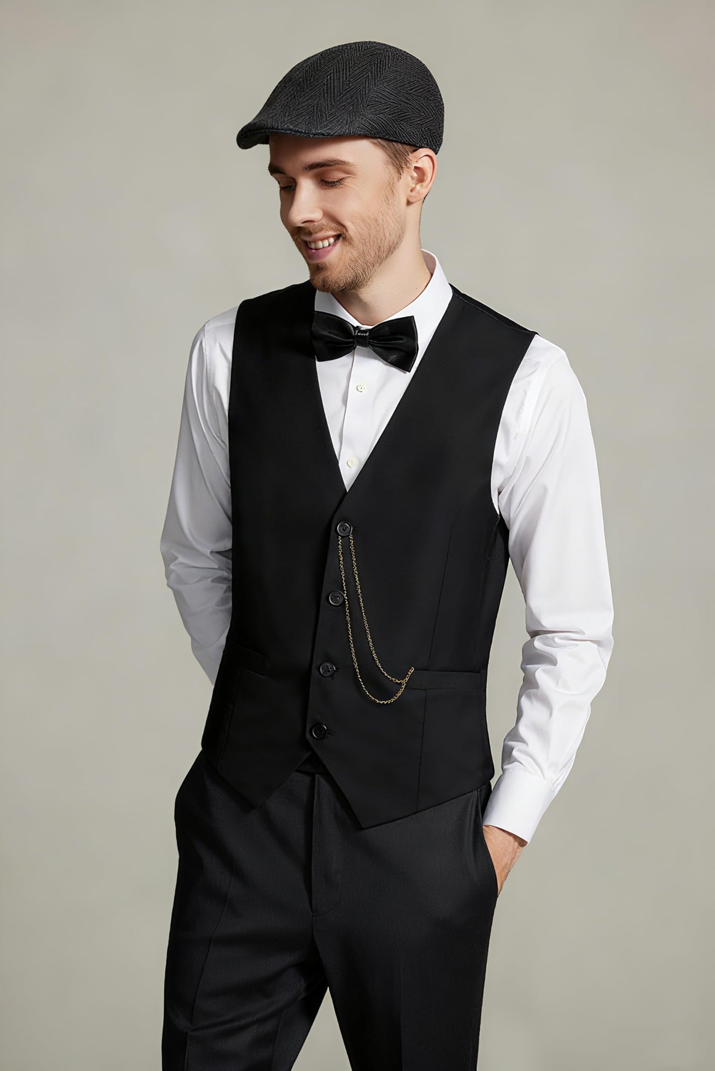 1920s Mens Gatsby Costume Accessories Set with Beret Hat Vest Bow