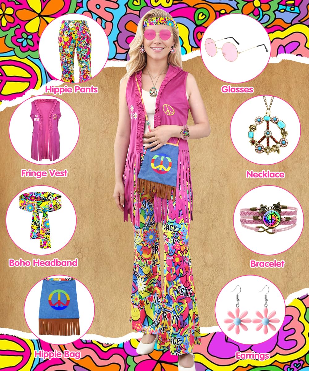 COYBTO 70s Fancy Dress Women, Hippie Costume with Fringe Vest Flared Pants Necklace Set, 60s 70s Disco Fancy Dress, 1970s Retro Hippie Outfit Hippy Clothes for Carnival Cosplay Party