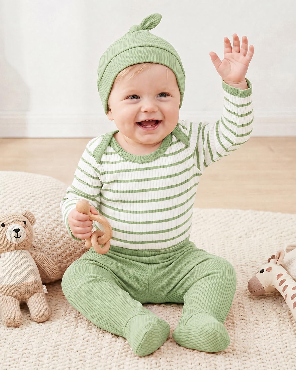 JiAmy Newborn Baby Boys Clothes 3Pcs Infant Long Sleeve Cotton Stripes Romper + Pants + Hat Clothing Set Baby Bodysuits Outfit for 0 Months Light Green